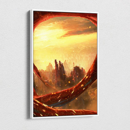 A framed canvas print of a fiery sunset over silhouetted mountains with red and gold swirling patterns