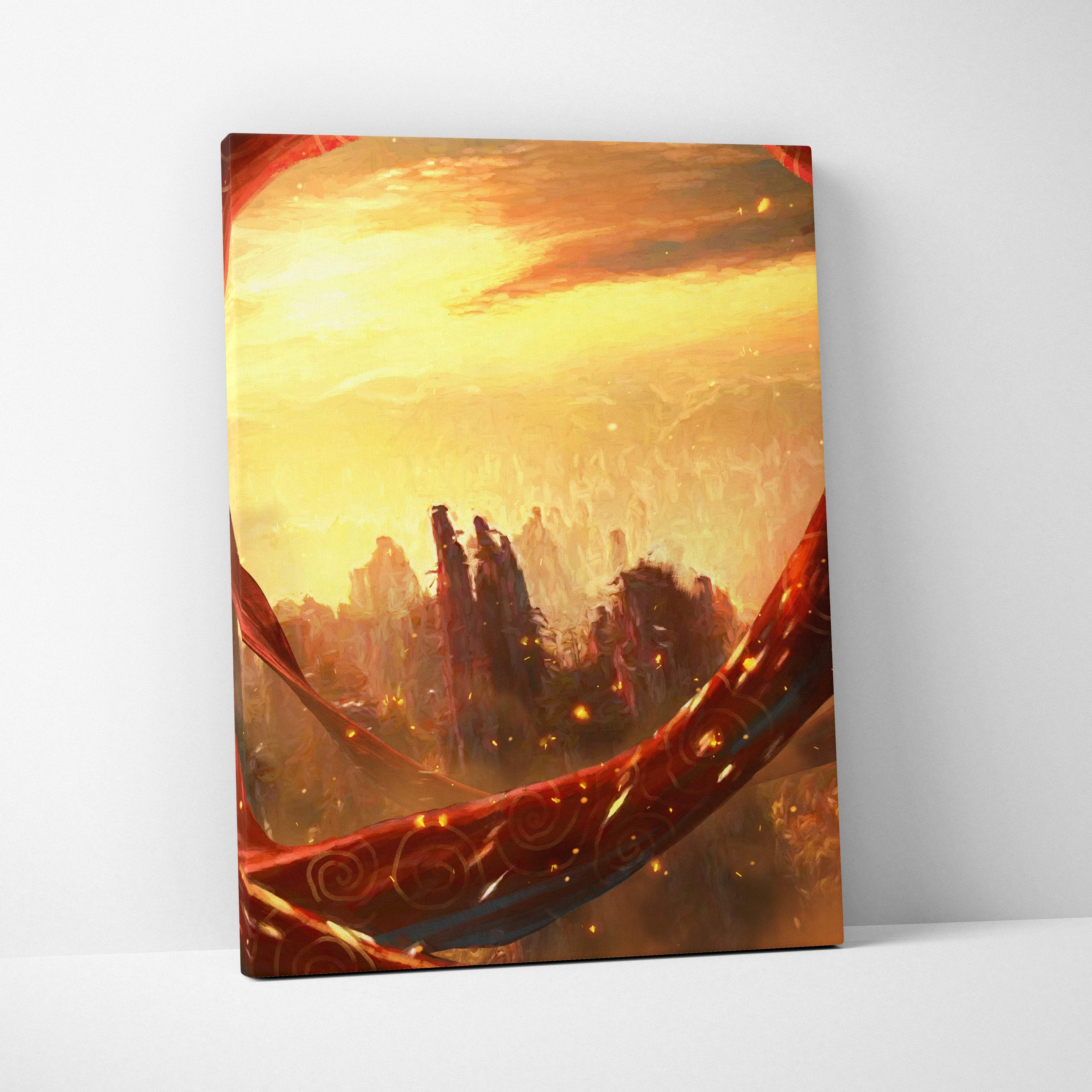 Fantasy canyon sunset canvas wall art featuring a fiery orange and golden mystical landscape with stylized mountains