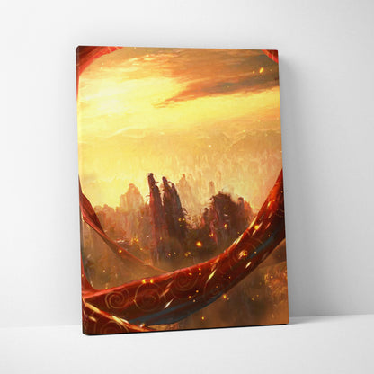 Fantasy canyon sunset canvas wall art featuring a fiery orange and golden mystical landscape with stylized mountains