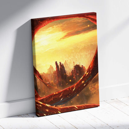 Vibrant orange and red fantasy canyon sunset canvas wall art with glowing sky and swirling patterns in painterly style
