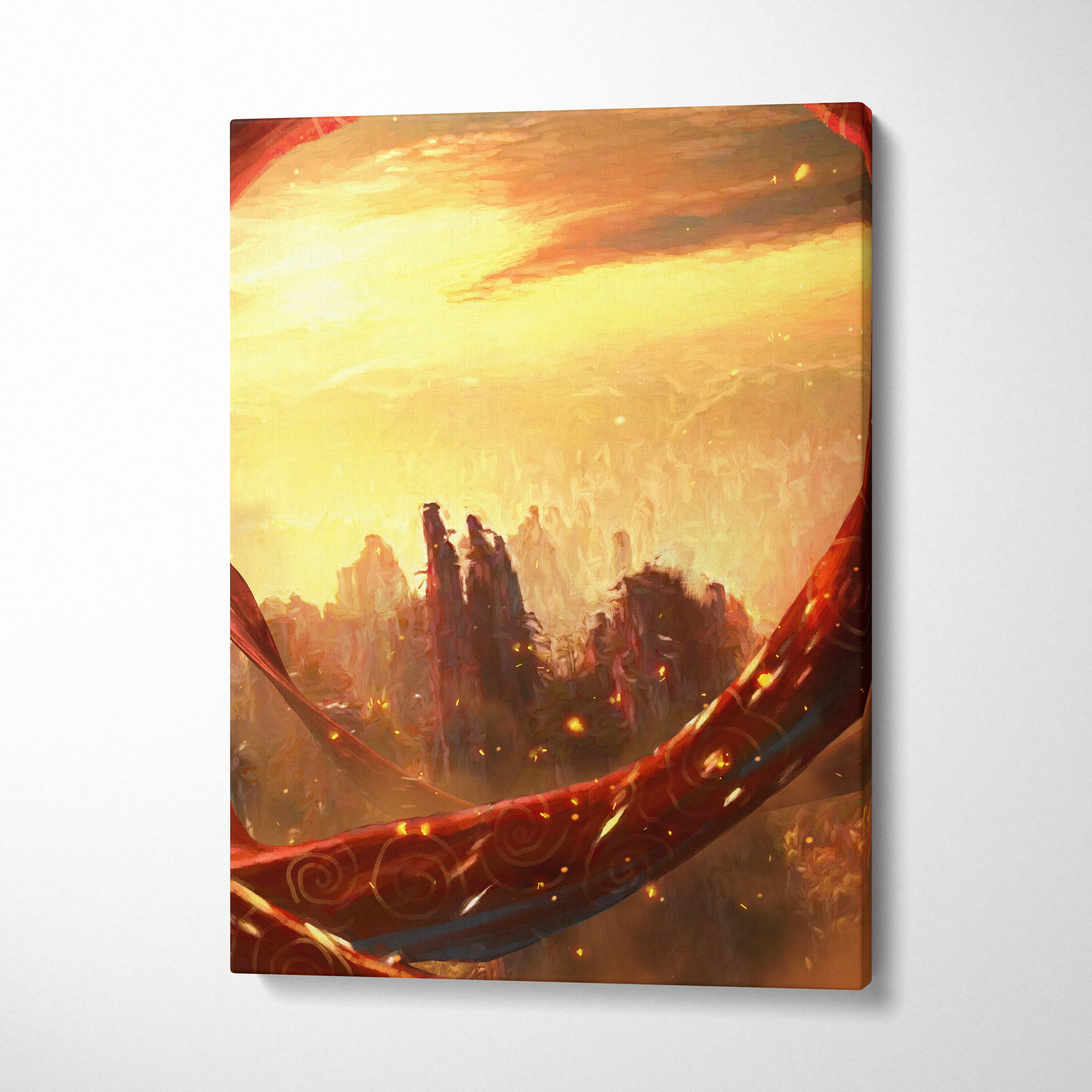 Fantasy canyon sunset canvas wall art featuring golden-orange skies, silhouetted mountains, and glowing red ribbons