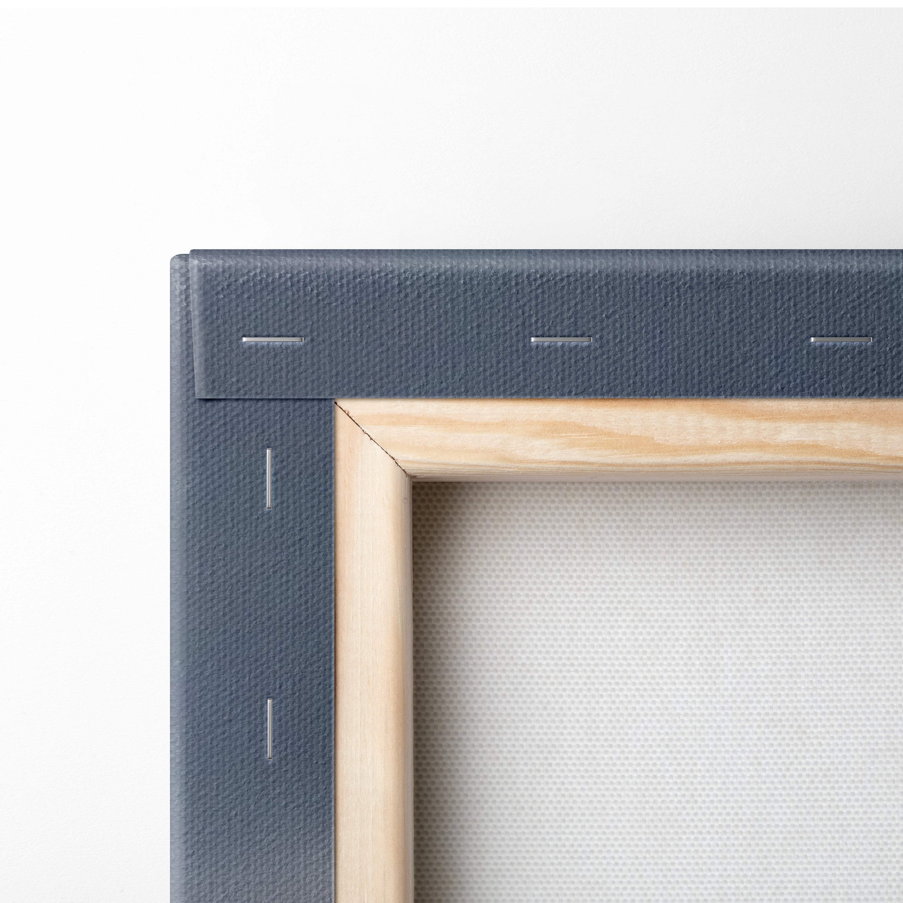 A minimalist sci fi monolith canvas print with a light wood frame and dark gray textured backing for wall decor