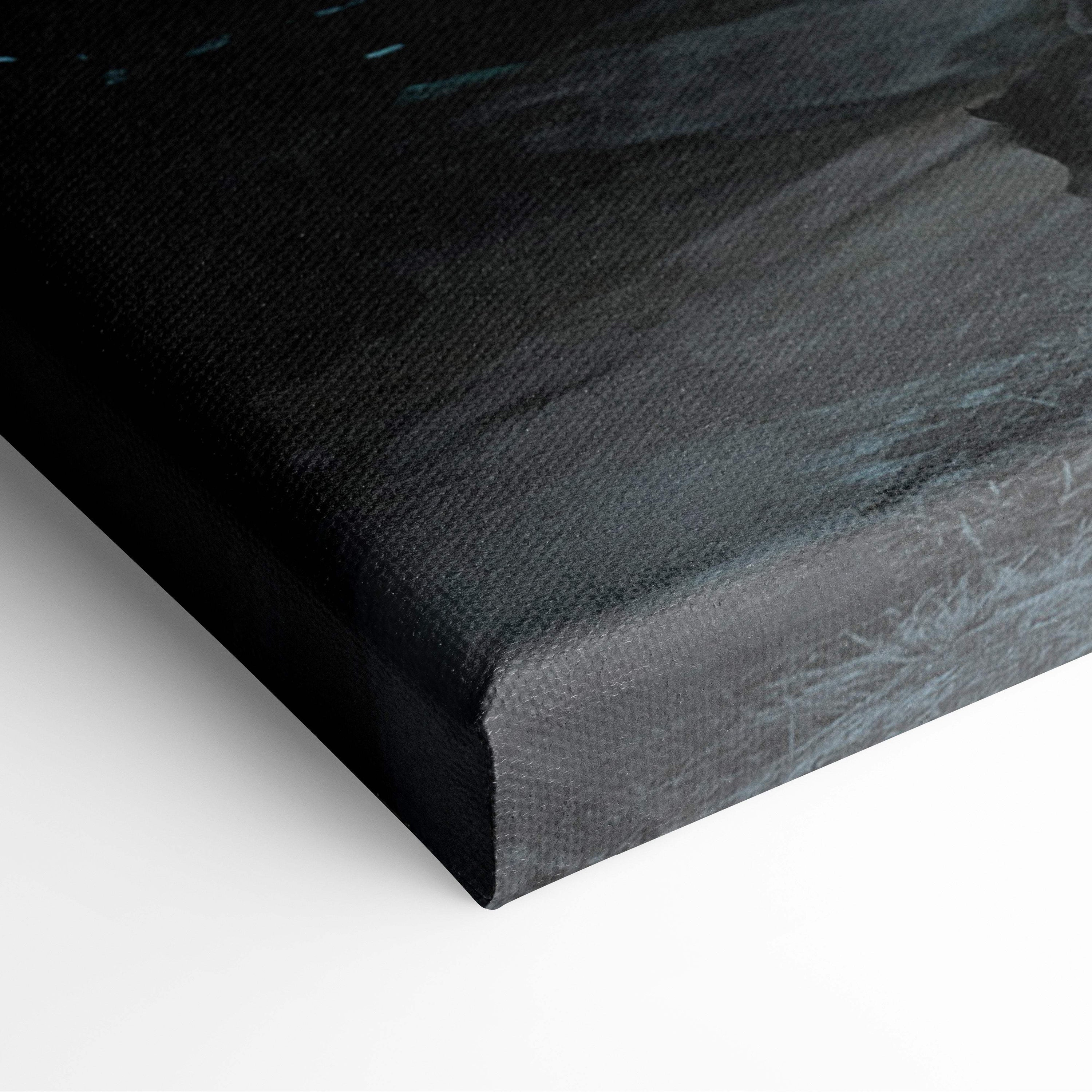 Sci fi monolith black canvas print with textured surface and subtle teal brushstroke accents for wall art decor