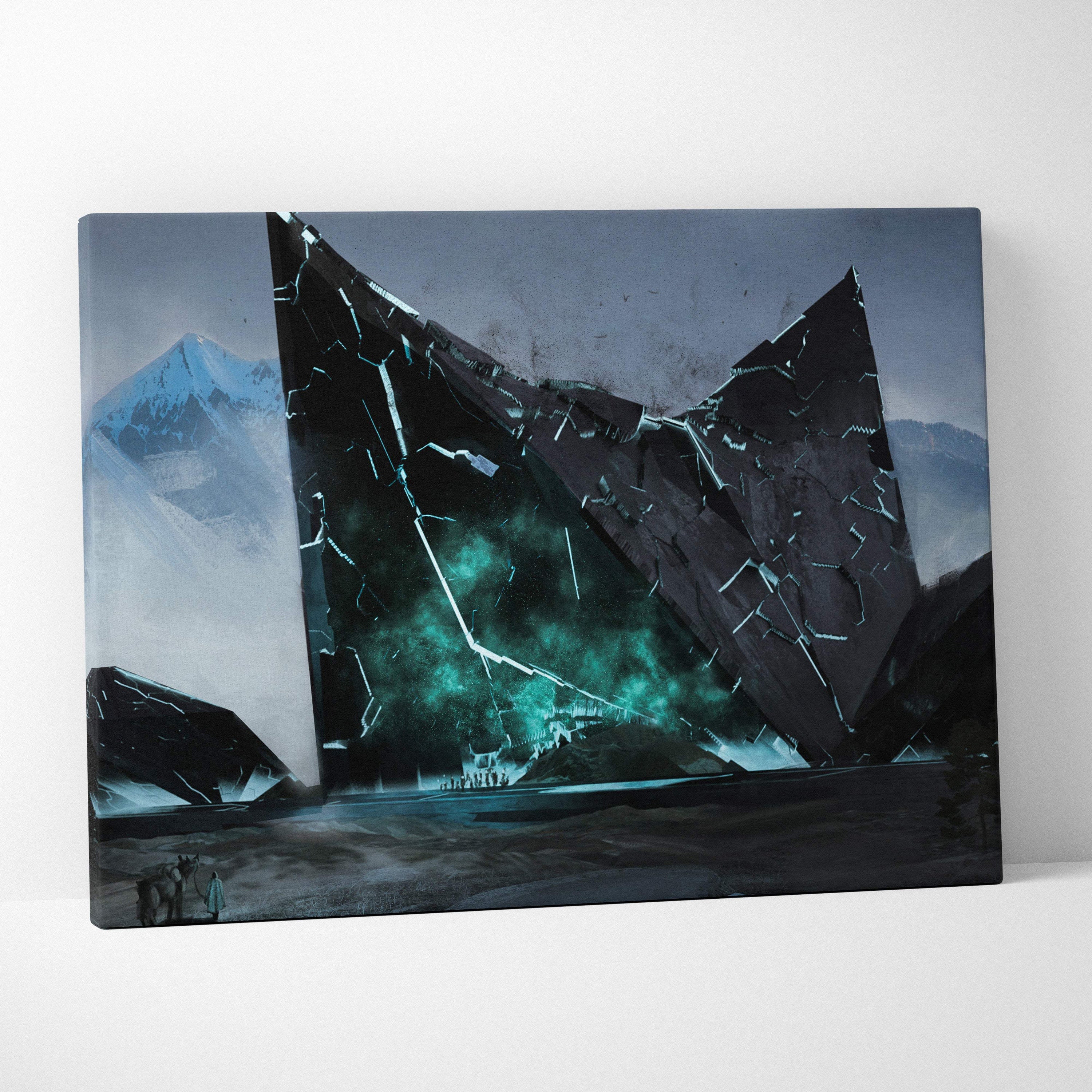 A canvas print of a sci fi monolith with glowing teal cracked stone formations and dark futuristic mountain landscape