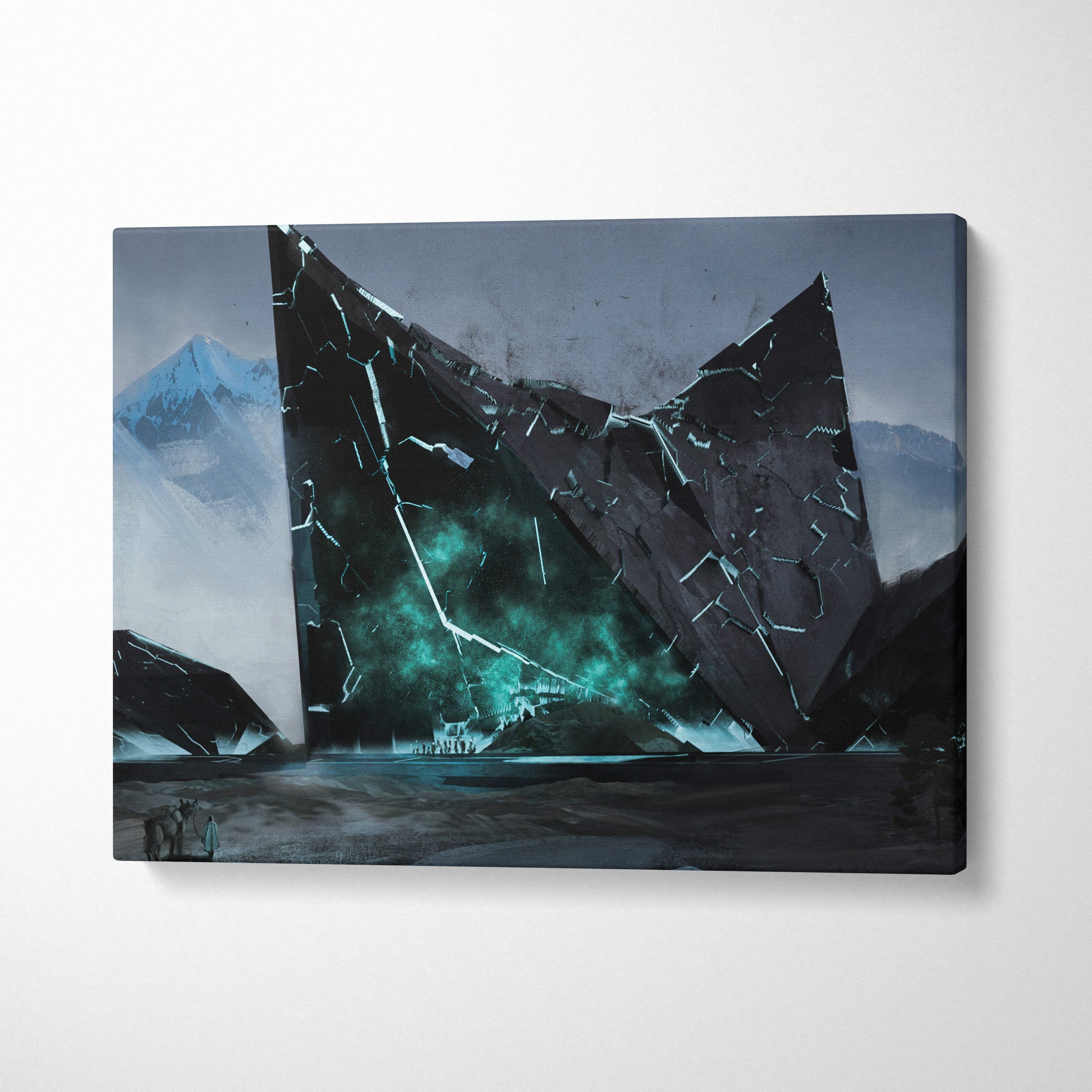 Sci fi monolith canvas print featuring a dark fractured mountain with glowing teal cracks on misty peaks