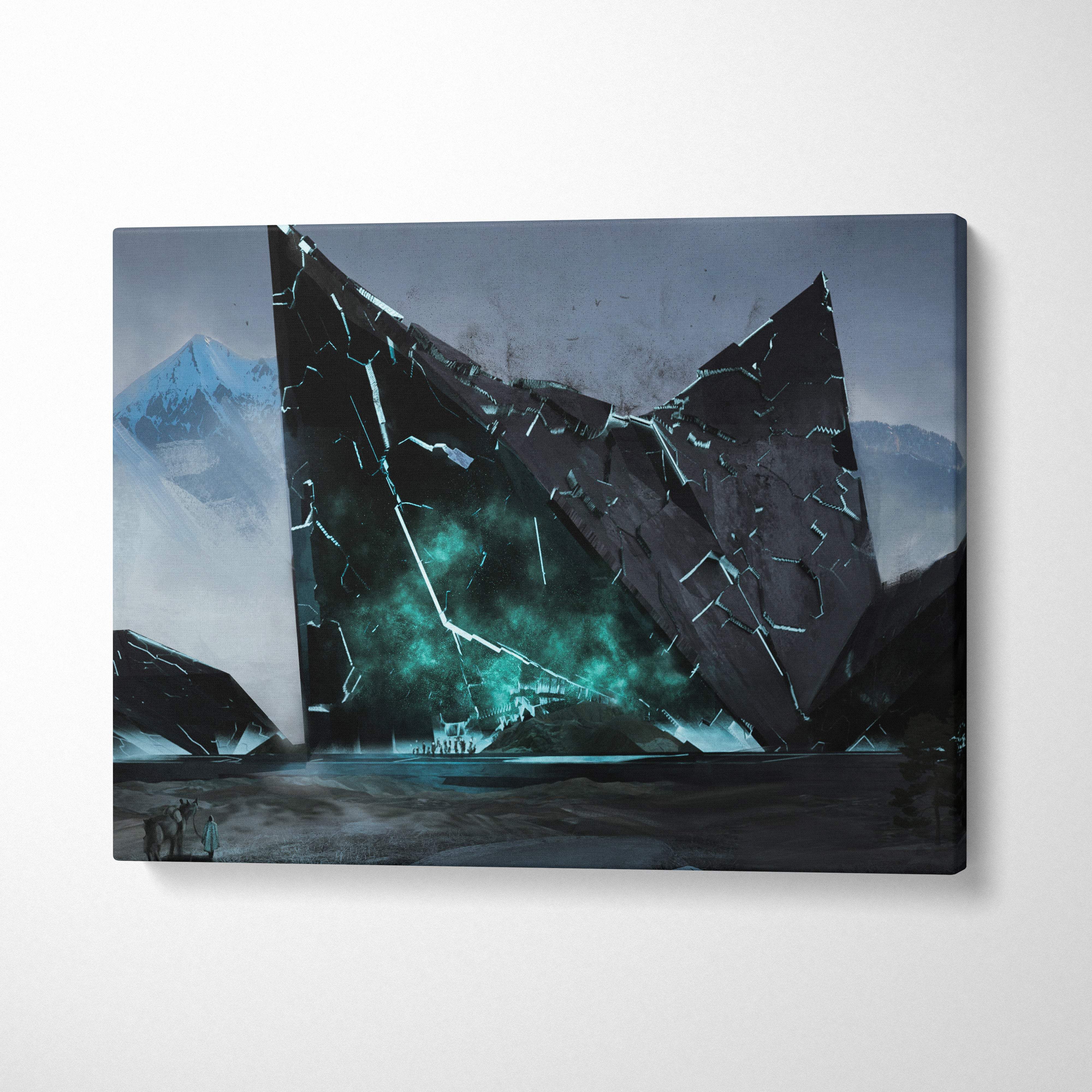 Sci fi monolith canvas print featuring a dark fractured mountain with glowing teal cracks on misty peaks