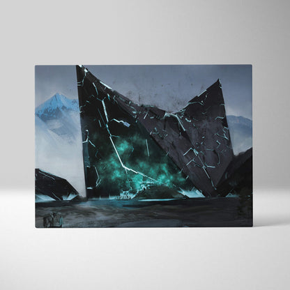A rectangular sci fi monolith canvas print featuring a fractured black mountain with glowing teal cracks