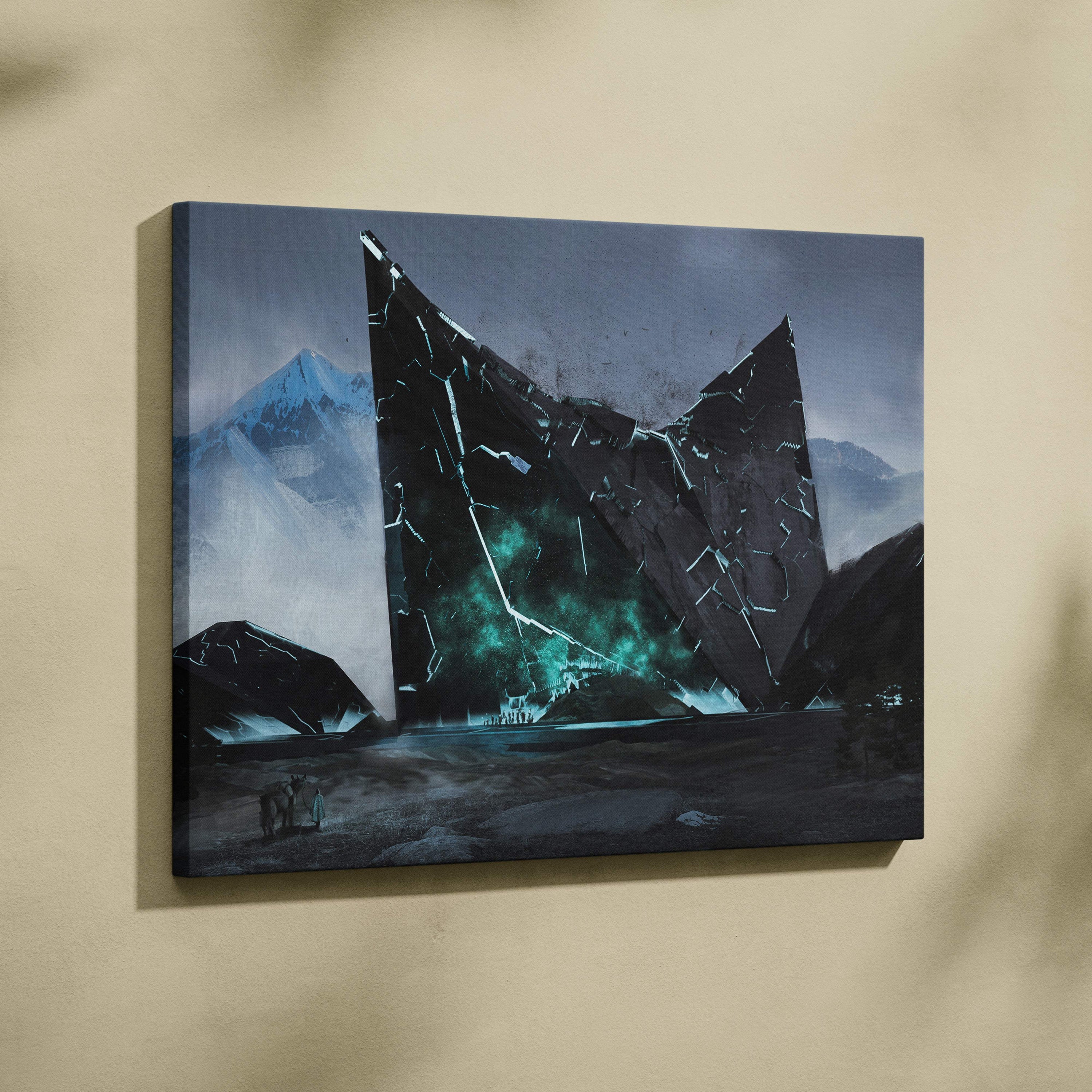 Sci fi monolith canvas print featuring a dark angular mountain with glowing teal energy cracks in a futuristic style