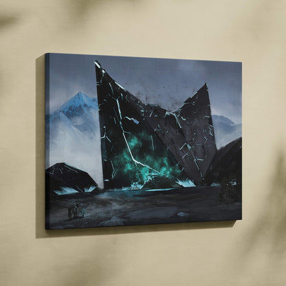 Sci fi monolith canvas print featuring a dark angular mountain with glowing teal energy cracks in a futuristic style