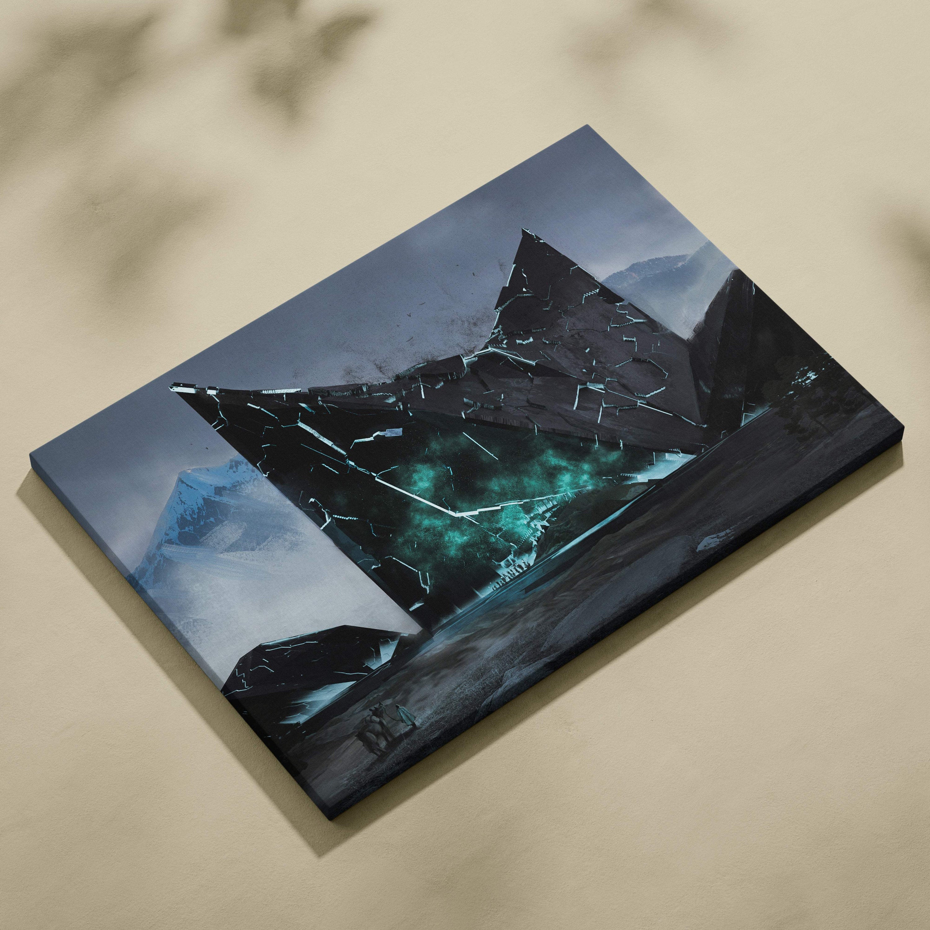 A rectangular sci fi monolith canvas print featuring a dark black and teal mountain landscape with glowing cracks and misty peaks