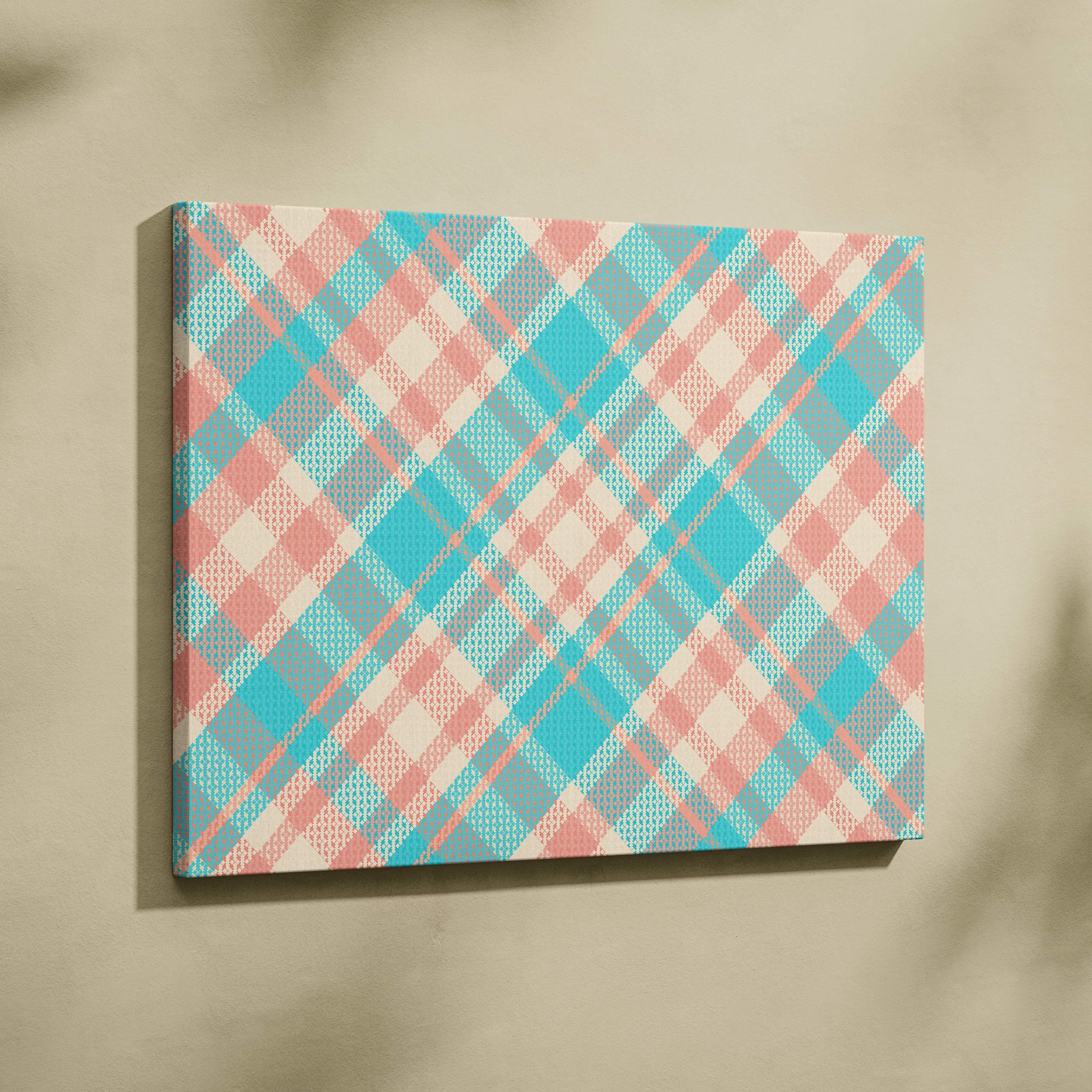 Pastel plaid canvas wall art in turquoise blush pink cream woven texture