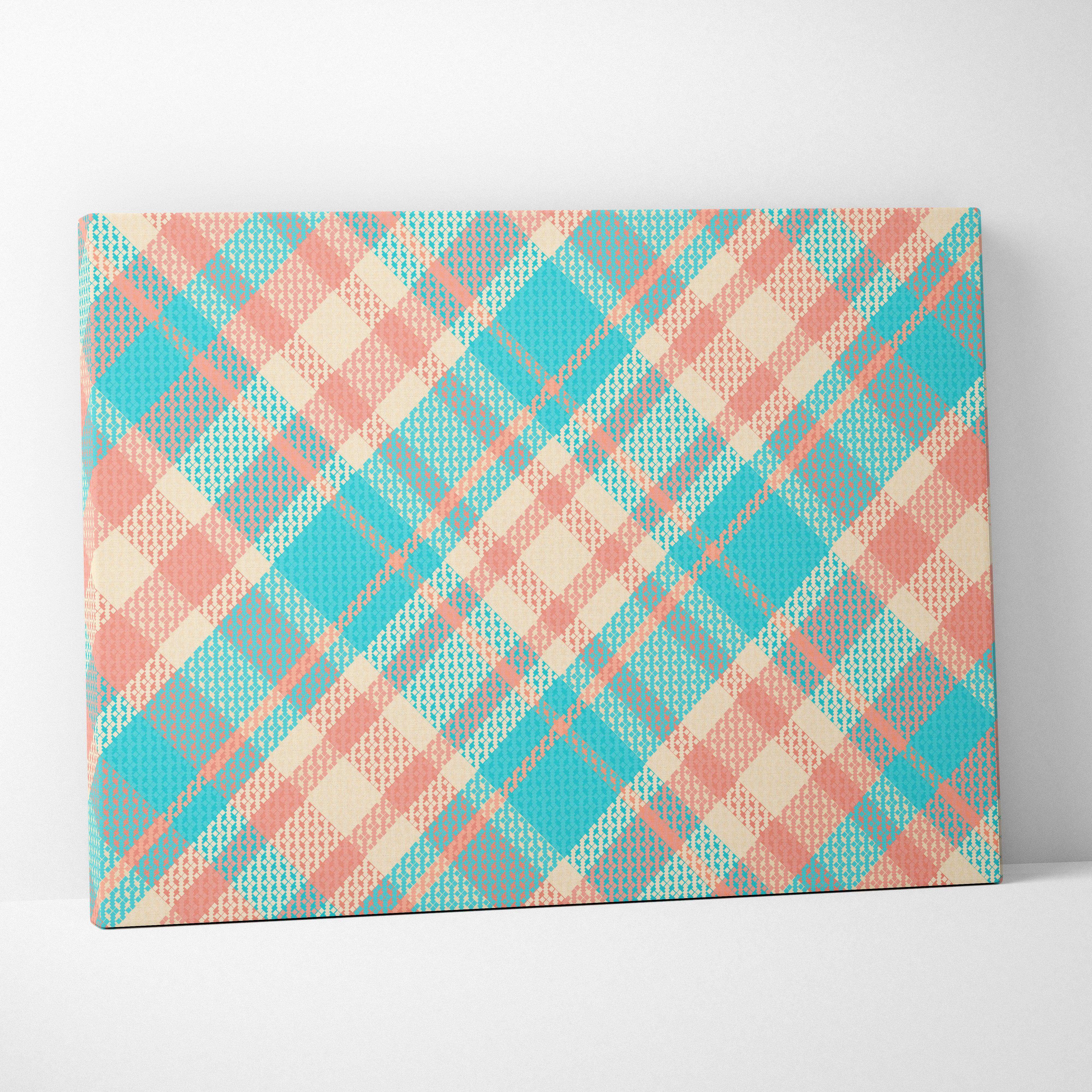 Pastel plaid canvas wall art in turquoise coral cream woven texture