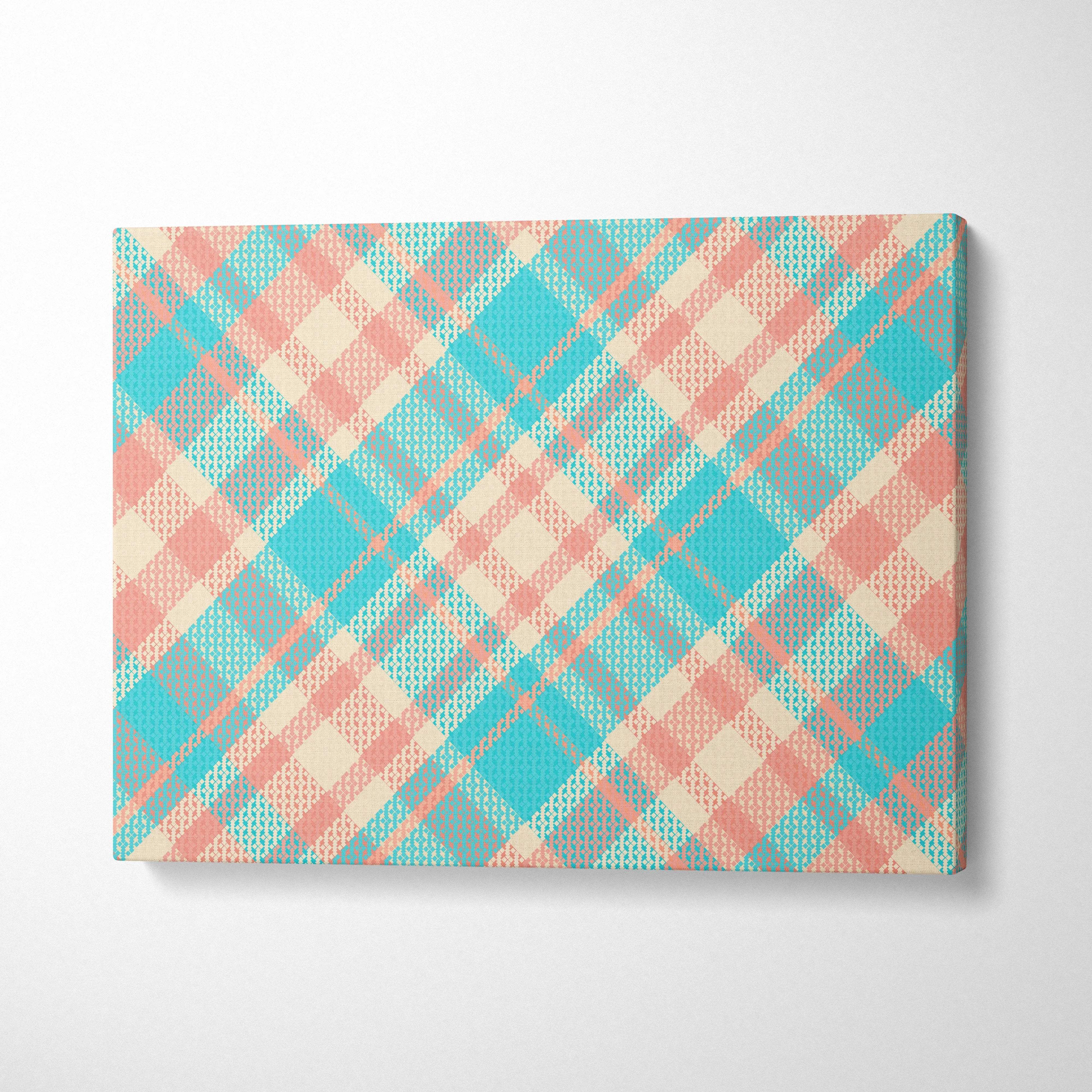 Pastel plaid canvas wall art in turquoise coral cream woven texture