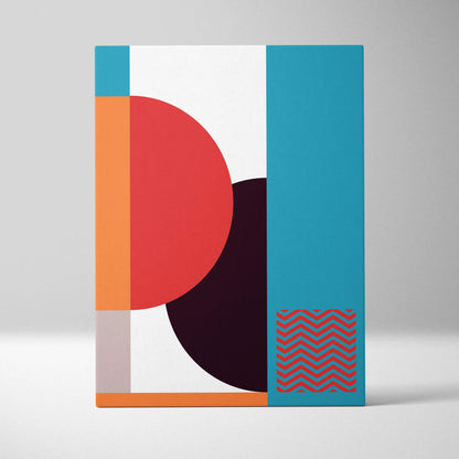 Modern abstract geometric canvas art with bold teal orange red burgundy circles blocks on white