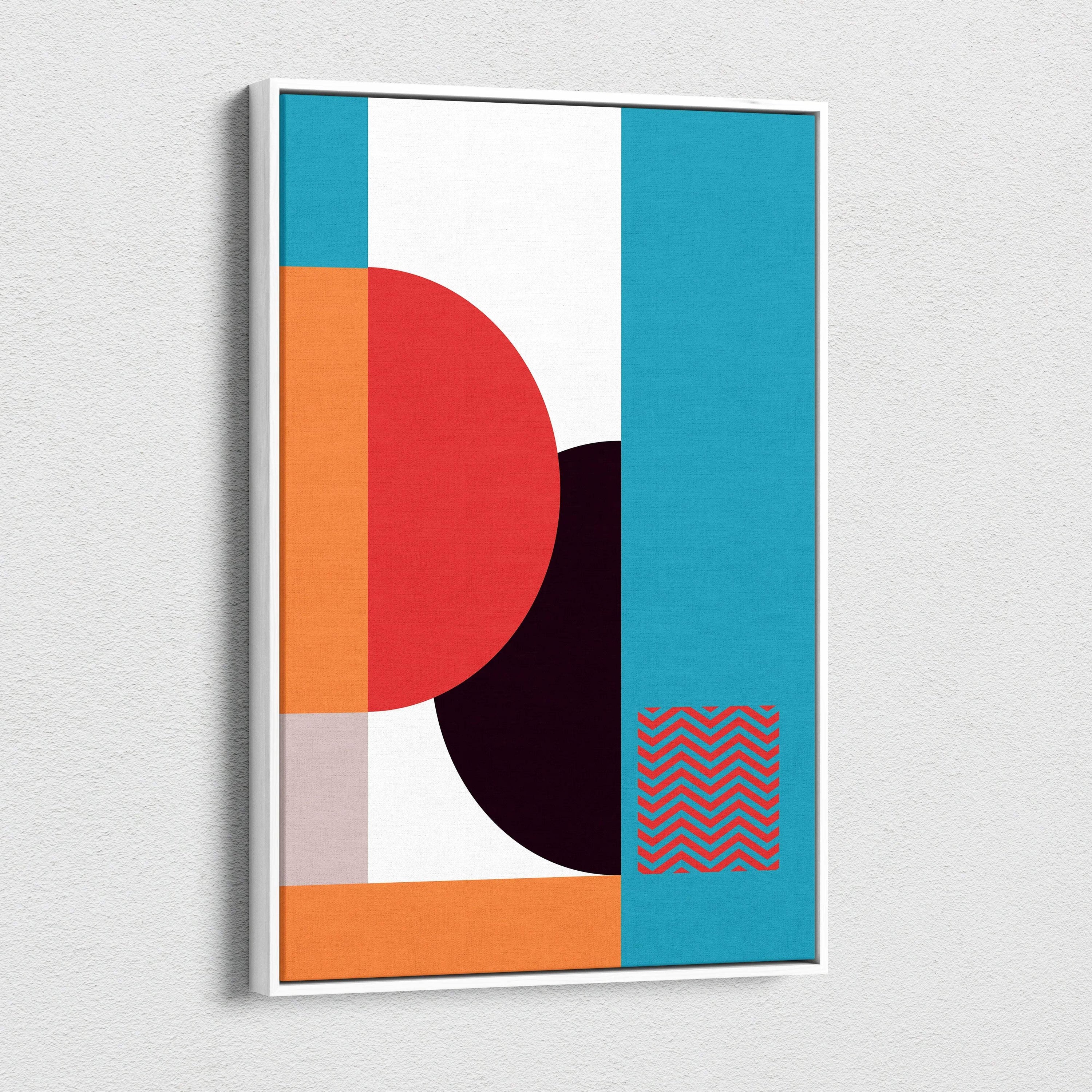 Modern abstract geometric art print in white frame with bold red orange circles on teal black panels