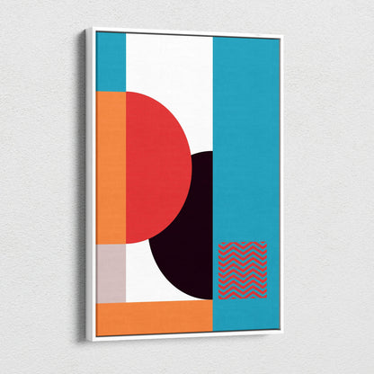 Modern abstract geometric art print in white frame with bold red orange circles on teal black panels