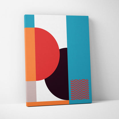 Modern abstract geometric canvas art with bold teal orange red black circles blocks chevron