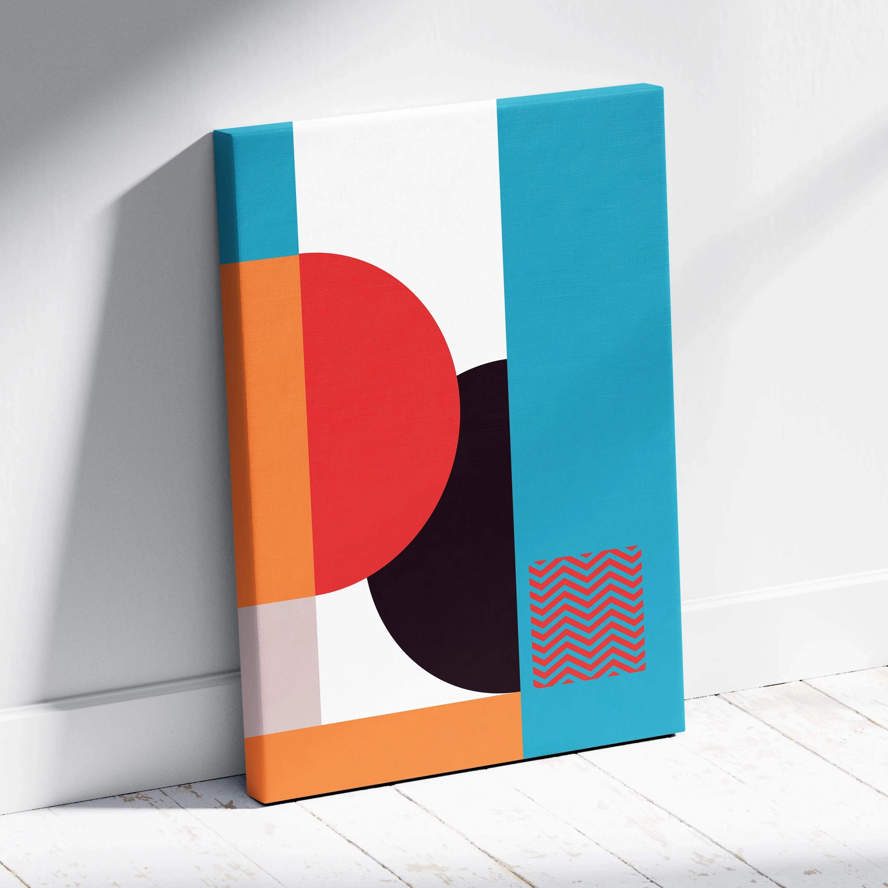 Vibrant retro abstract geometric canvas art with bold teal orange red burgundy circles blocks