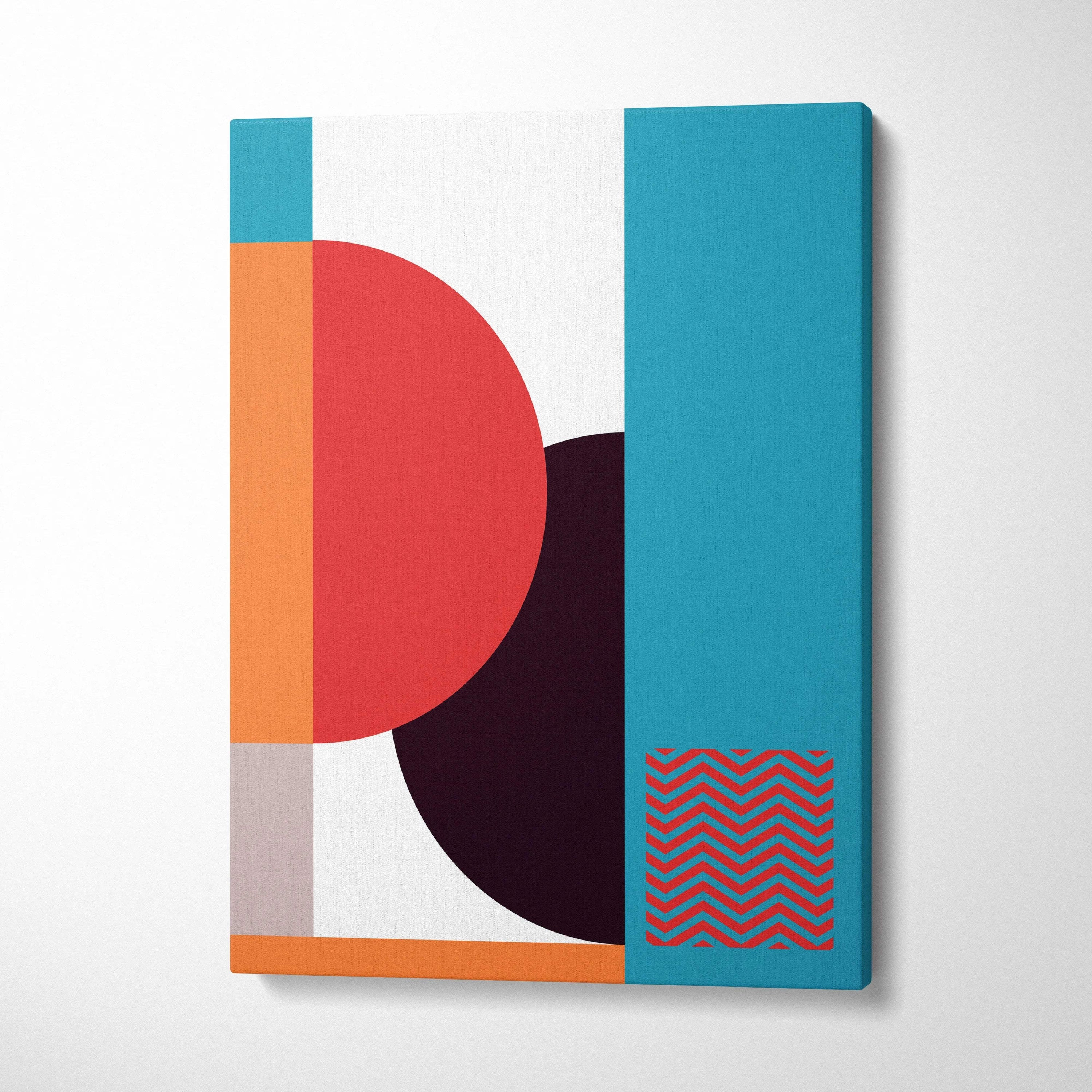 Modern abstract geometric canvas art with bold teal red orange burgundy circles blocks