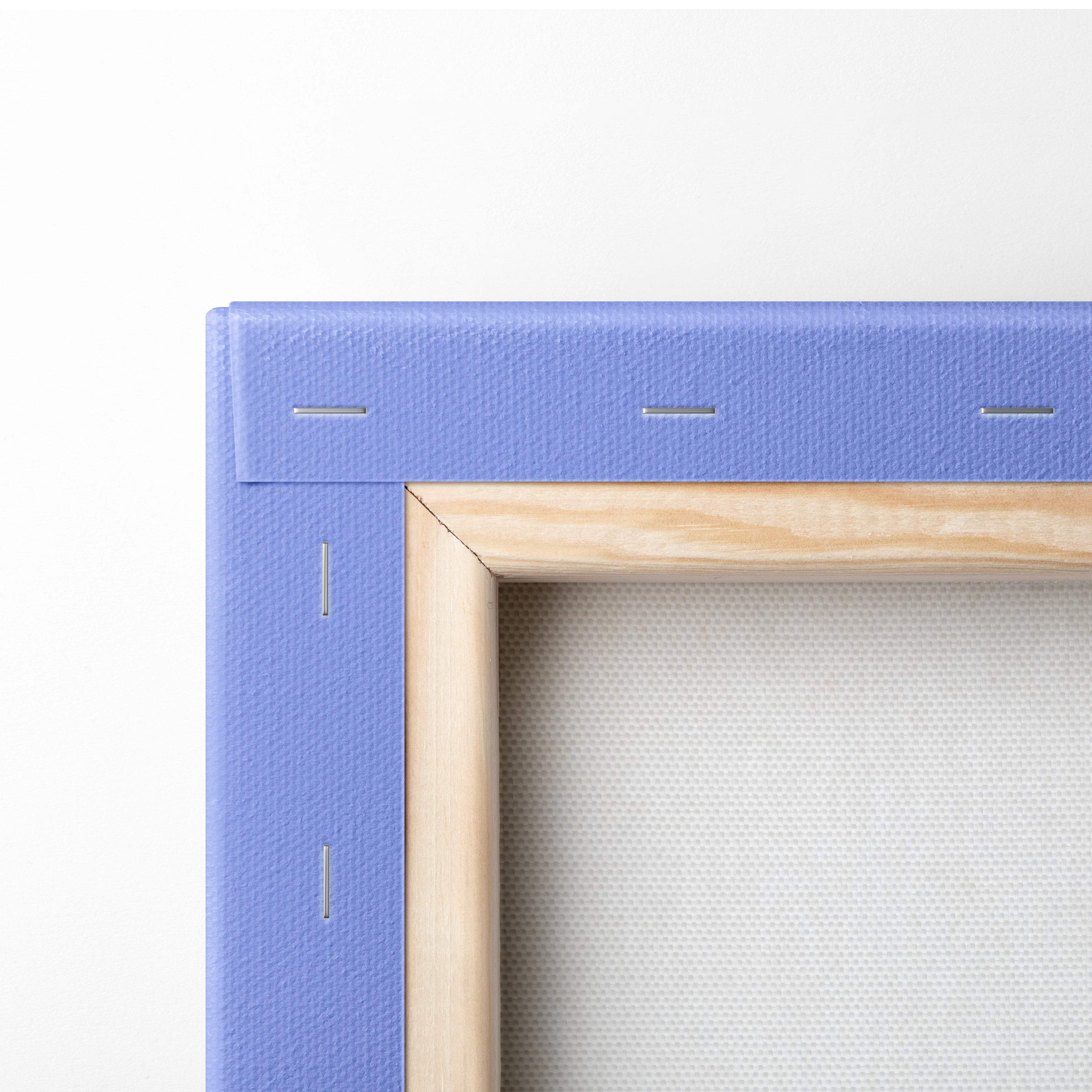 Light blue textured canvas frame with natural wood border vaporwave neon triangle cloud wall art print