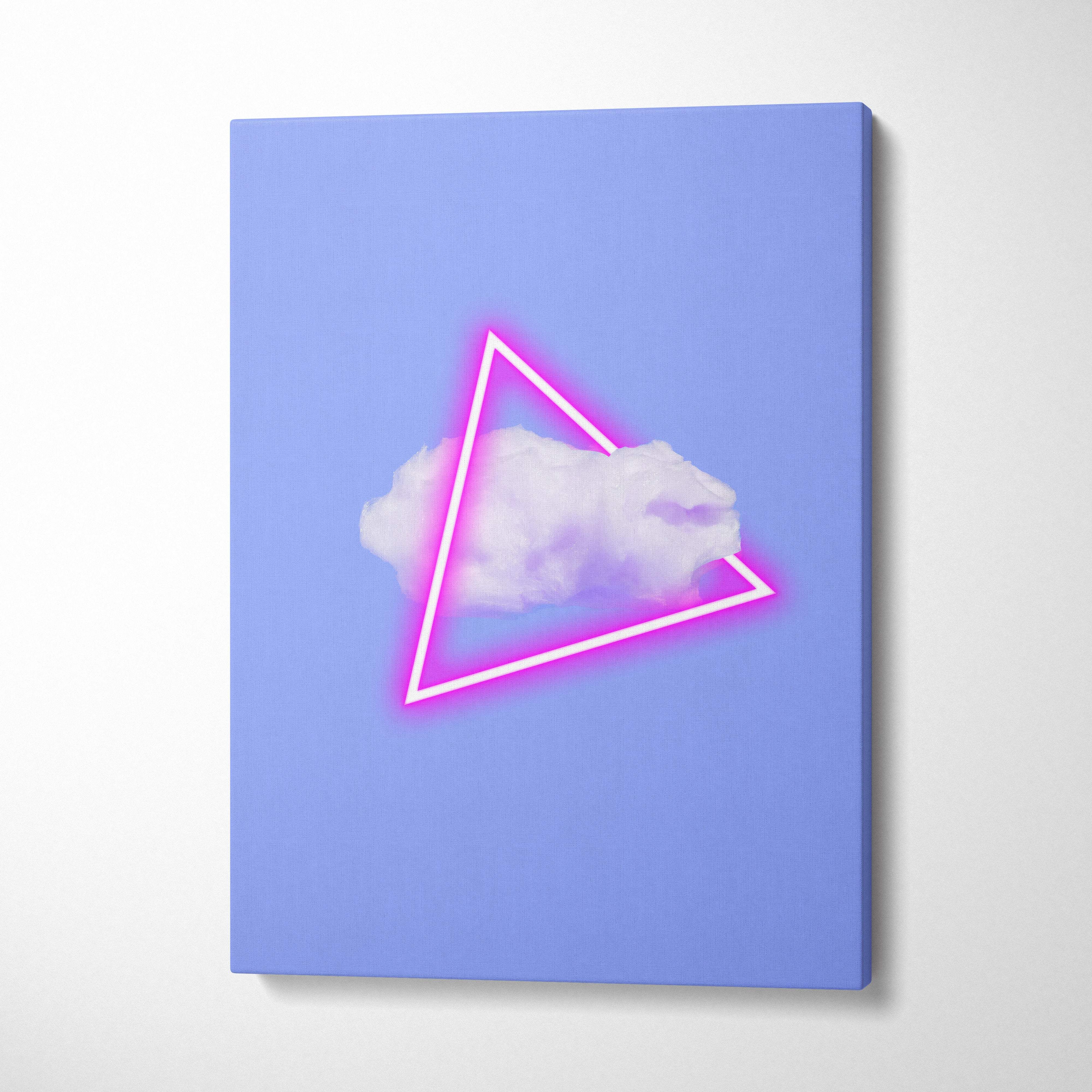 Vaporwave neon triangle cloud canvas art print featuring a soft white cloud framed by a glowing pink neon triangle on lavender