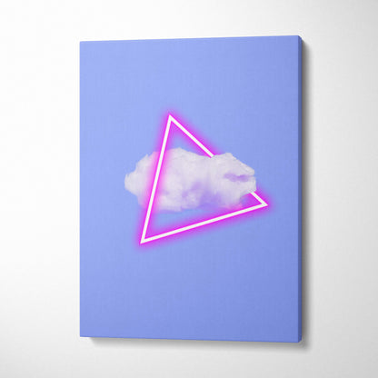 Vaporwave neon triangle cloud canvas art print featuring a soft white cloud framed by a glowing pink neon triangle on lavender