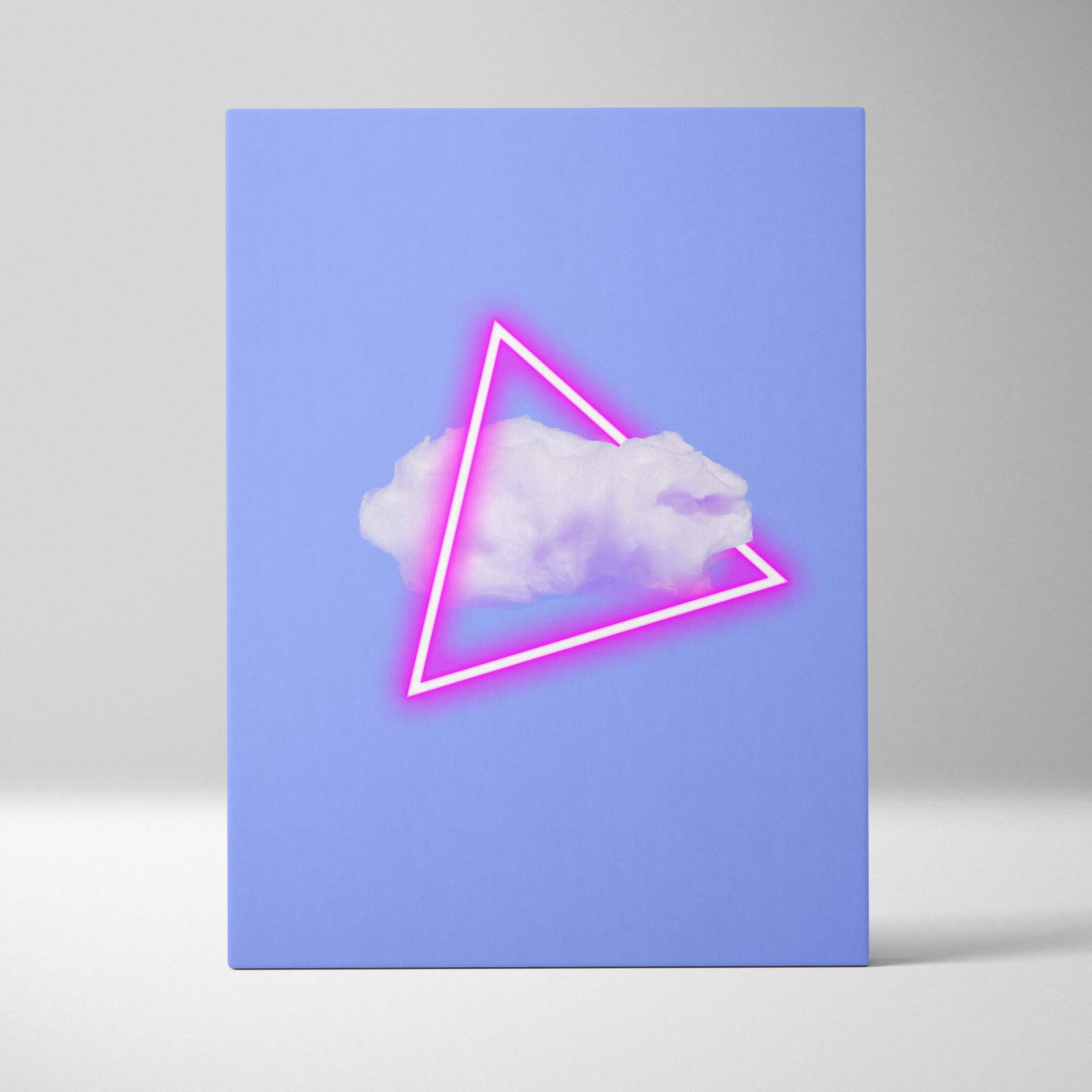Vaporwave neon triangle cloud canvas art print featuring a soft white cloud in a pink glowing triangle on light blue background