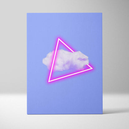 Vaporwave neon triangle cloud canvas art print featuring a soft white cloud in a pink glowing triangle on light blue background