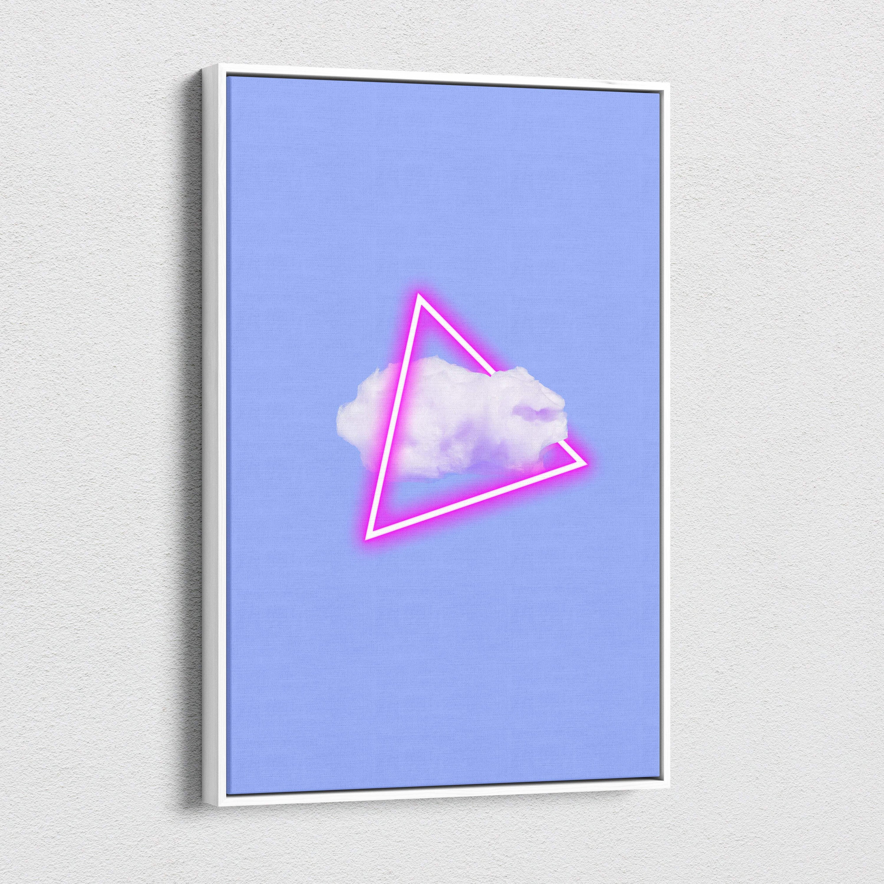 A framed vaporwave neon triangle canvas art print featuring a soft white cloud with pink glow on pastel blue background