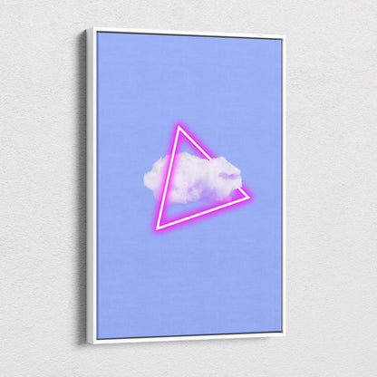 A framed vaporwave neon triangle canvas art print featuring a soft white cloud with pink glow on pastel blue background