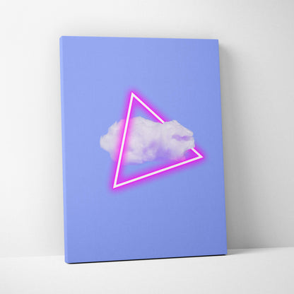 A soft lavender canvas print featuring a glowing pink neon triangle framing a fluffy white cloud on purple background