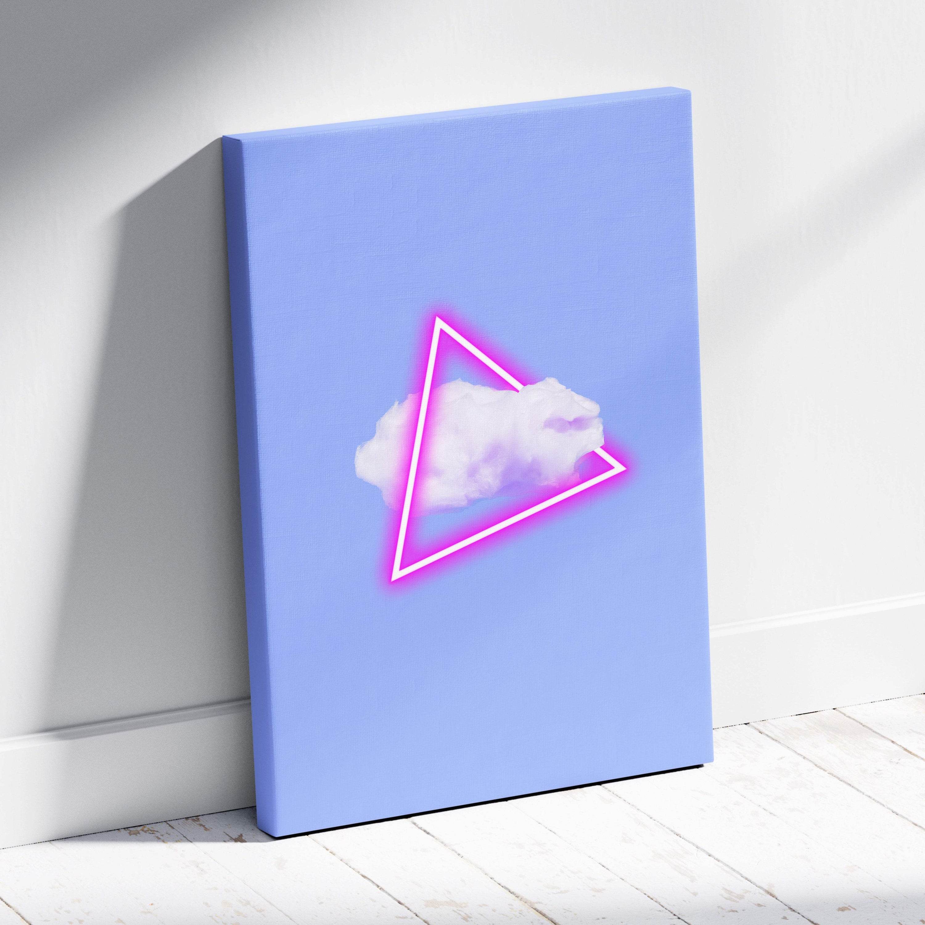 Light blue canvas print with a glowing pink neon triangle enclosing a soft white cloud vaporwave wall decor