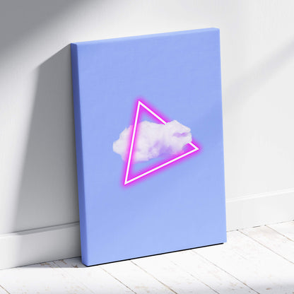 Light blue canvas print with a glowing pink neon triangle enclosing a soft white cloud vaporwave wall decor