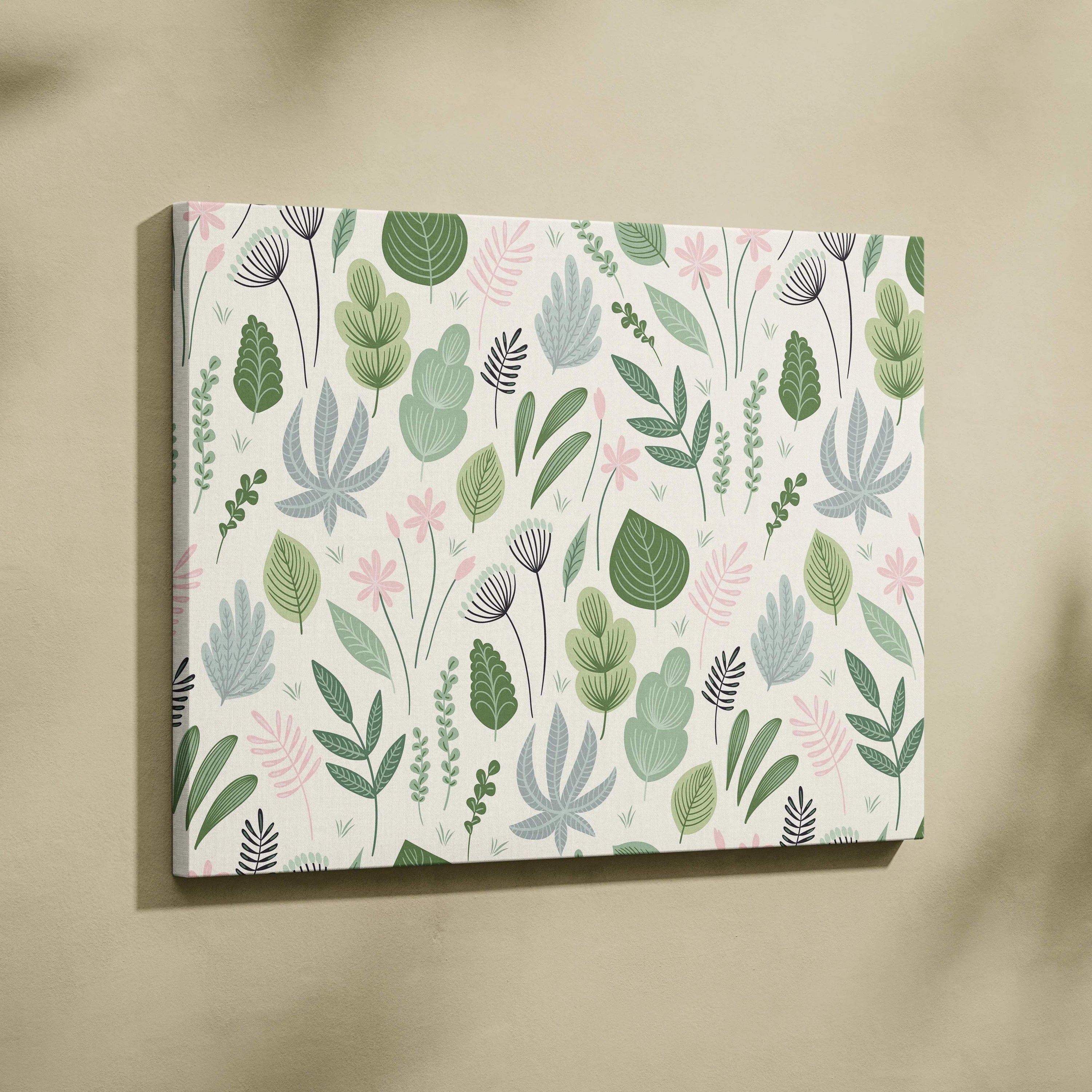Seamless botanical leaves and wildflowers canvas wall art in sage green and blush pink