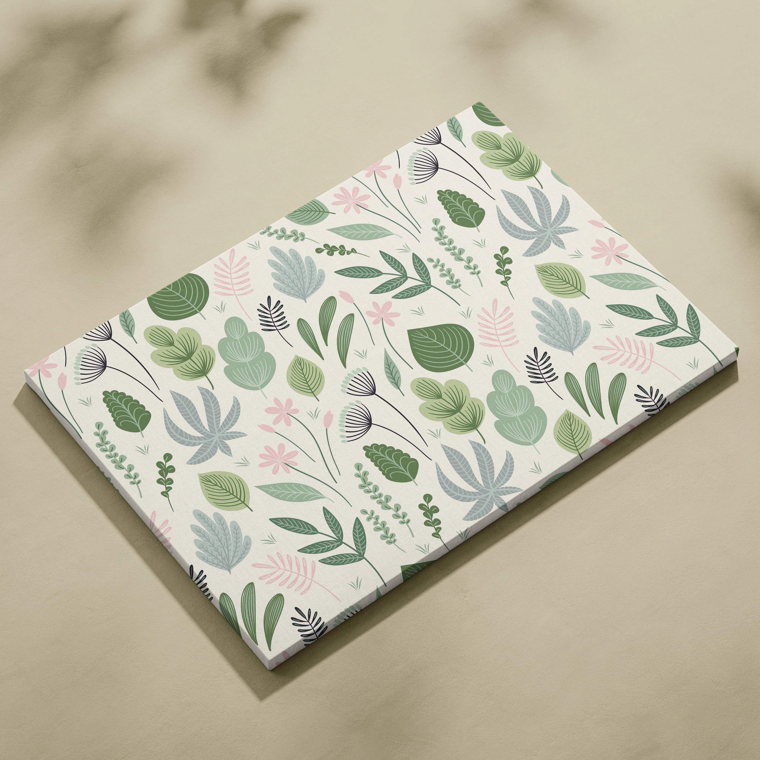 Seamless botanical leaves and wildflowers canvas wall art in sage green and blush pink