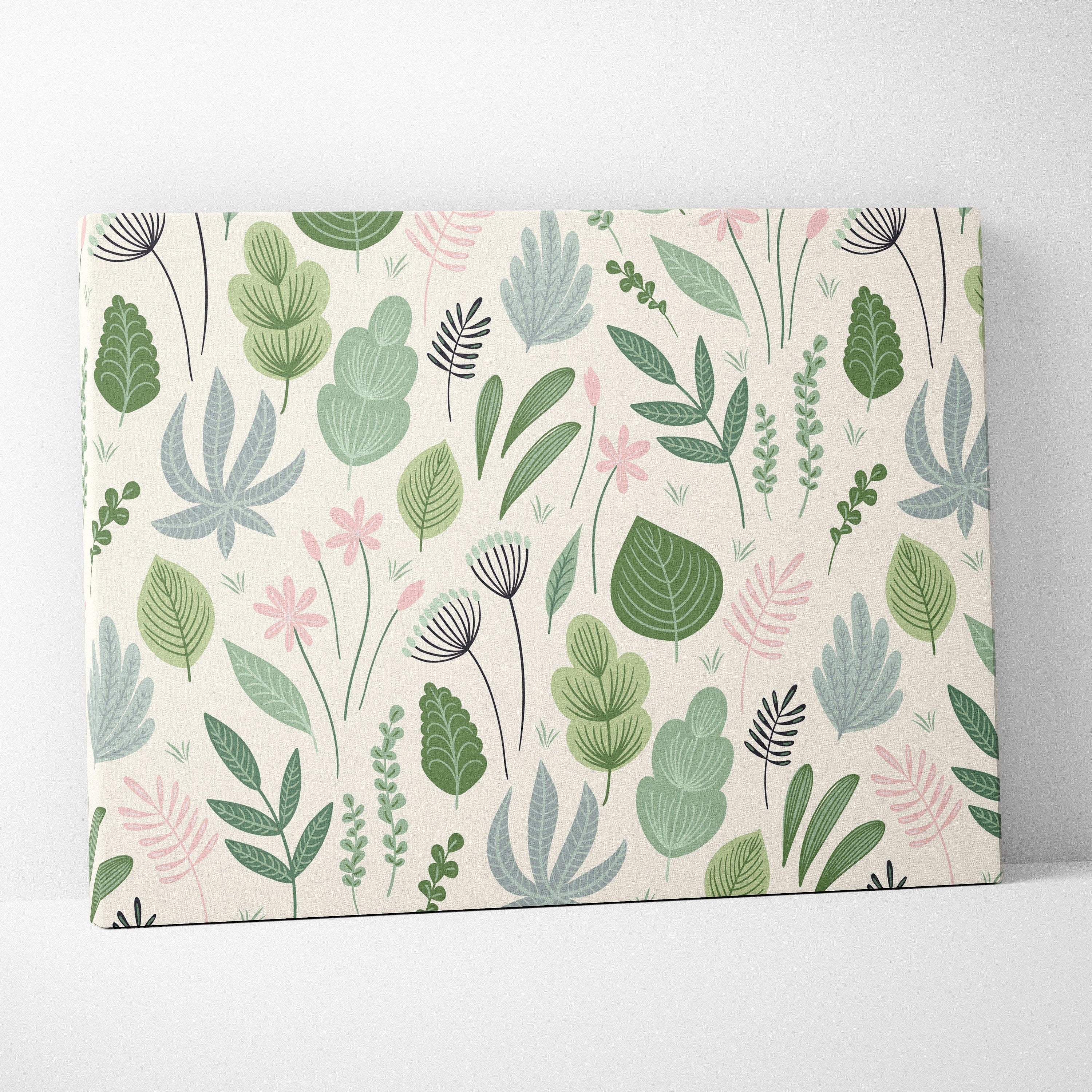 Seamless botanical leaves and wildflowers canvas wall art in sage green and blush pink