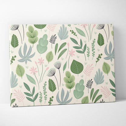 Seamless botanical leaves and wildflowers canvas wall art in sage green and blush pink