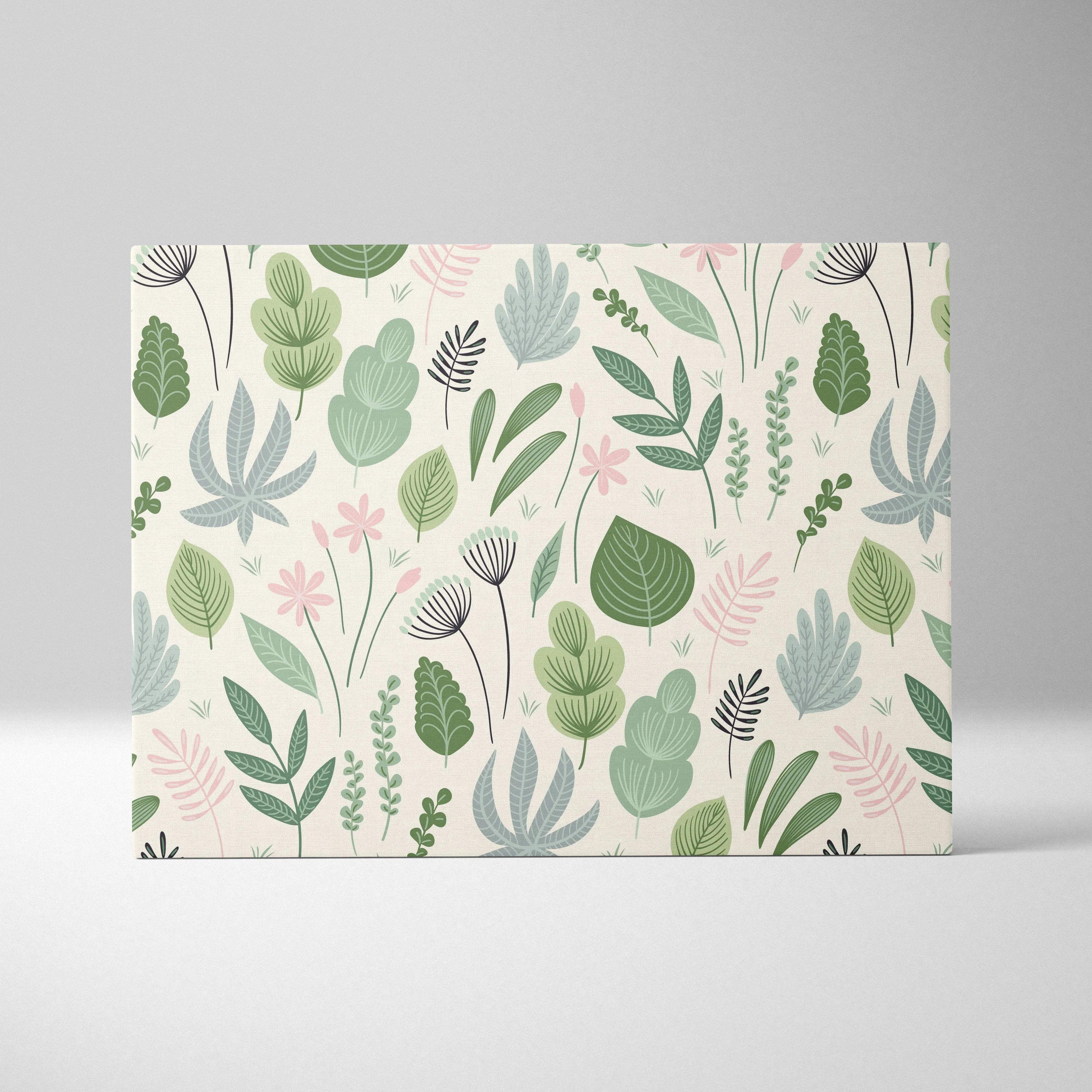 Seamless botanical leaves and wildflowers canvas wall art in sage green and blush pink
