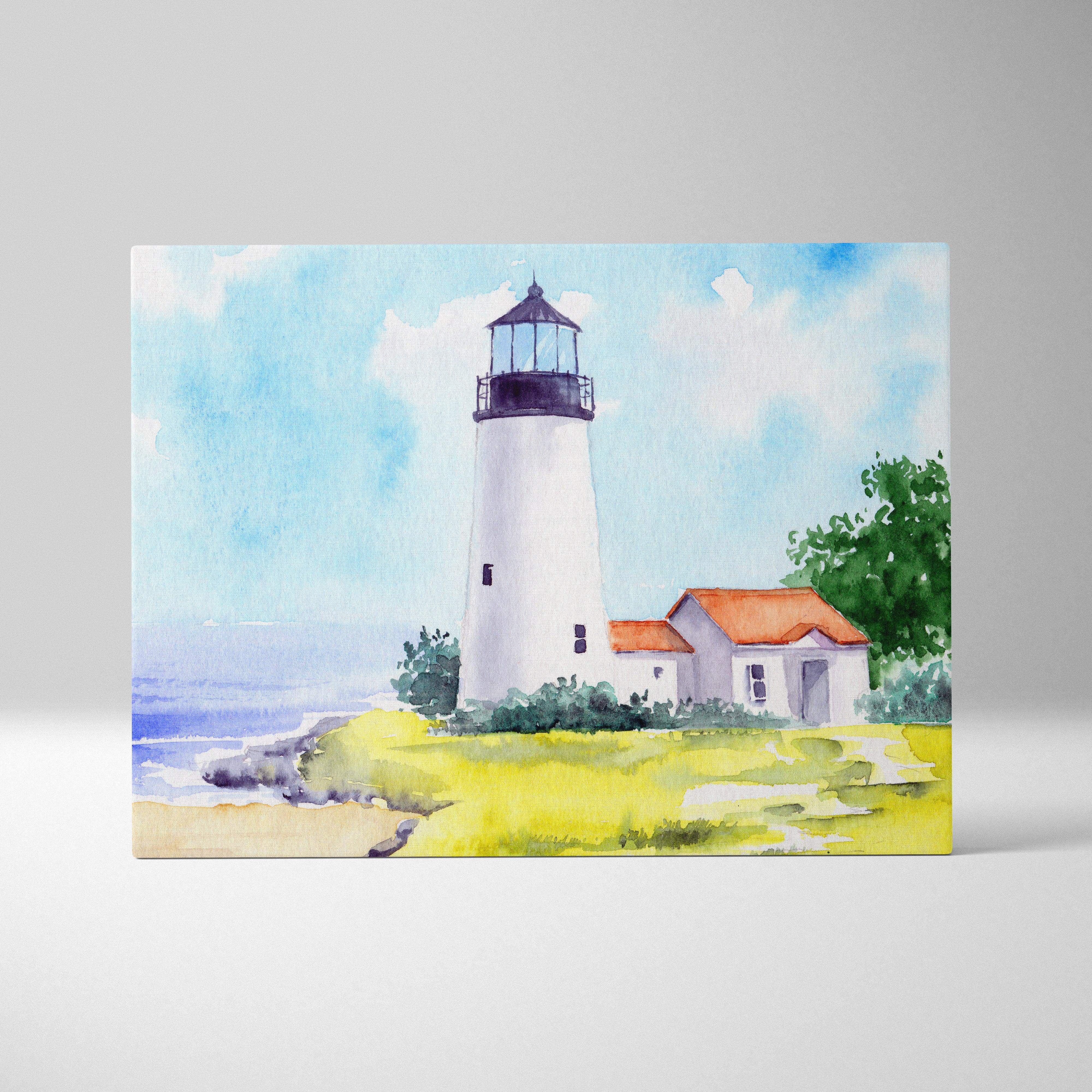 Watercolor white lighthouse with black lantern and red roof cottage on cliff