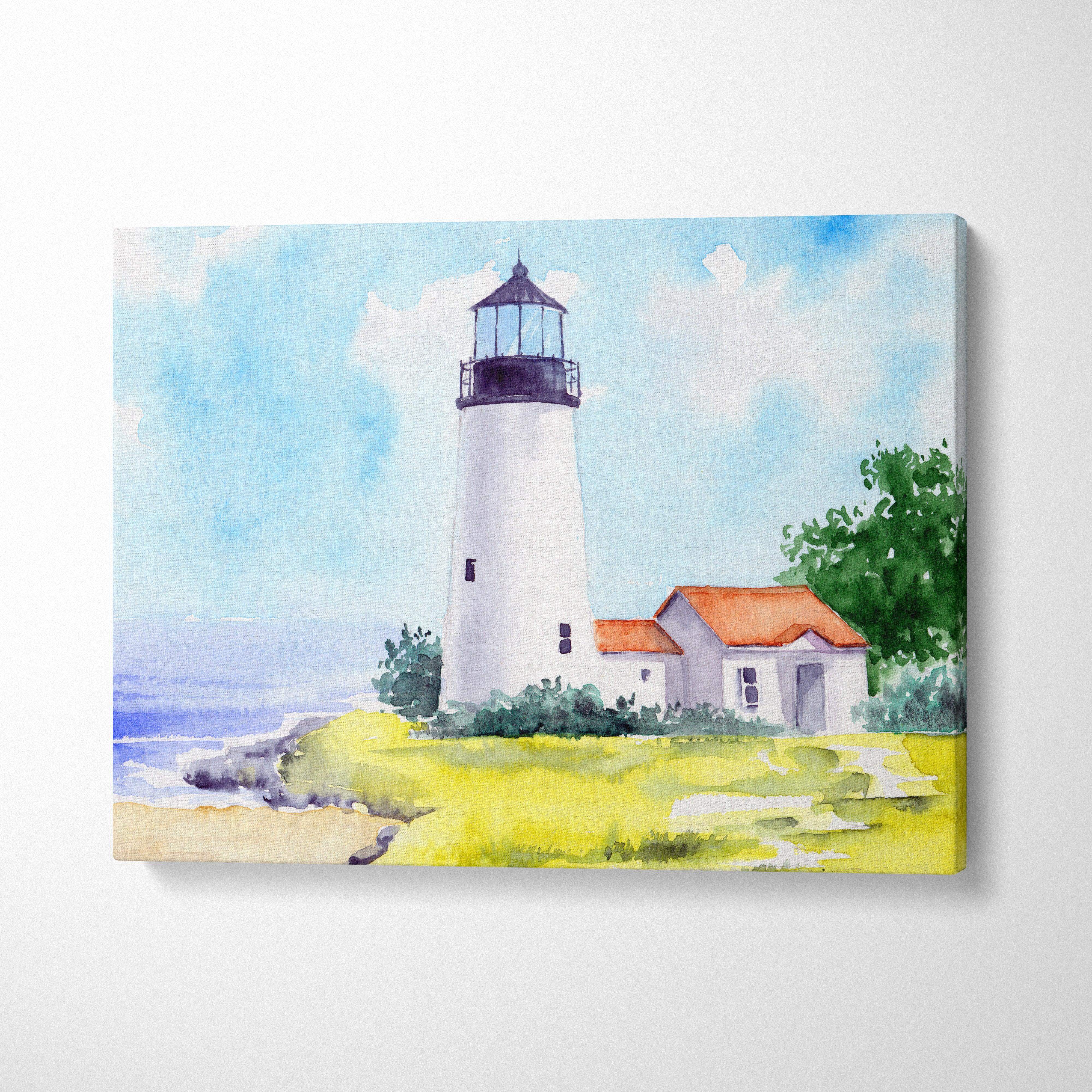 Watercolor canvas print of white lighthouse and orange roof cottage on blue ocean sky