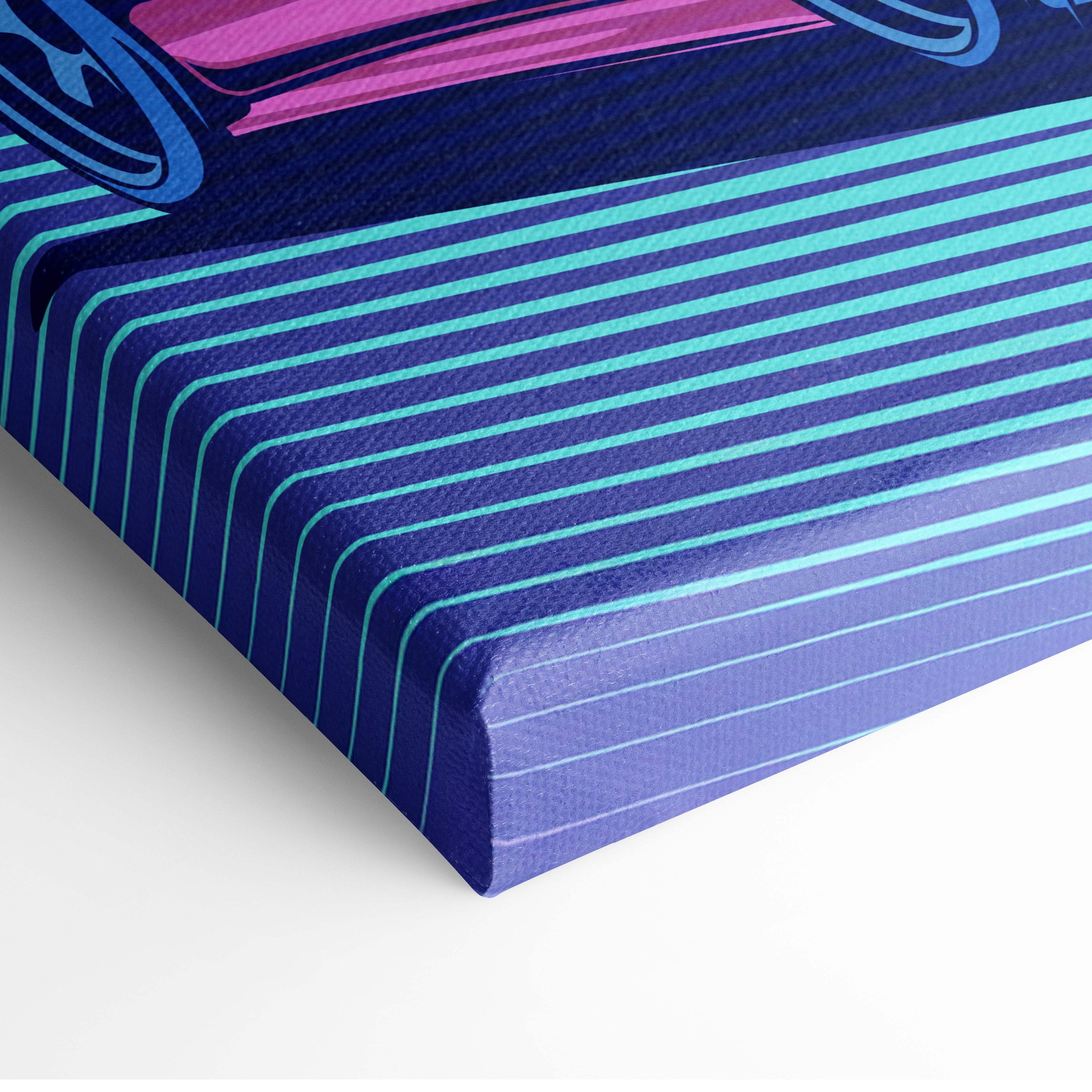 Vaporwave jdm sports car r34 skyline gtr canvas art print with bold teal navy stripes and pink retro car graphic