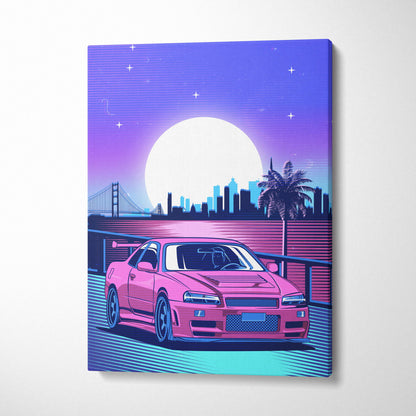 Pink nissan skyline r34 sports car canvas art print with neon vaporwave cityscape moon palm trees nightscape decor