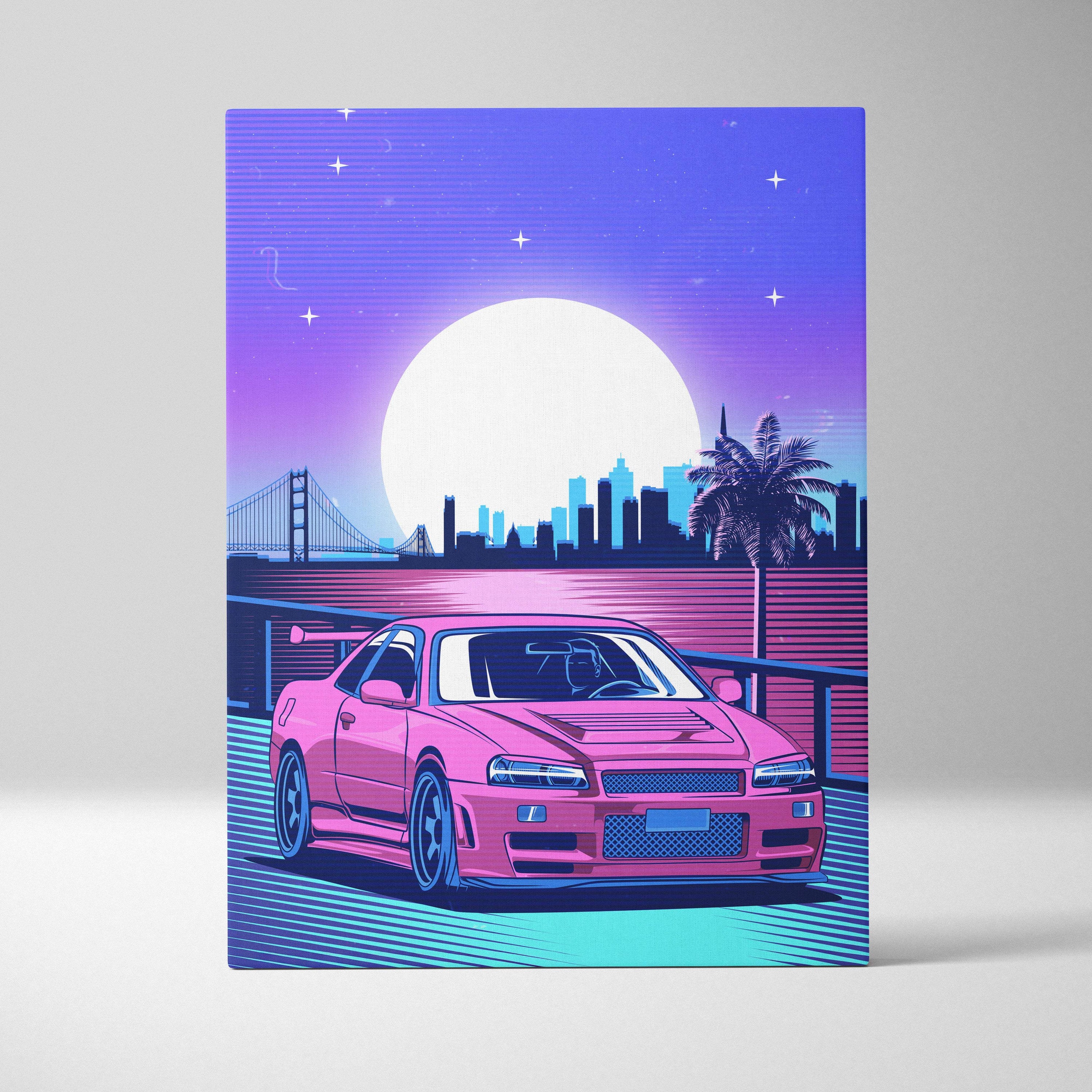 Pink nissan skyline r34 sports car illustration on canvas vaporwave jdm wall decor with synthwave moon cityscape