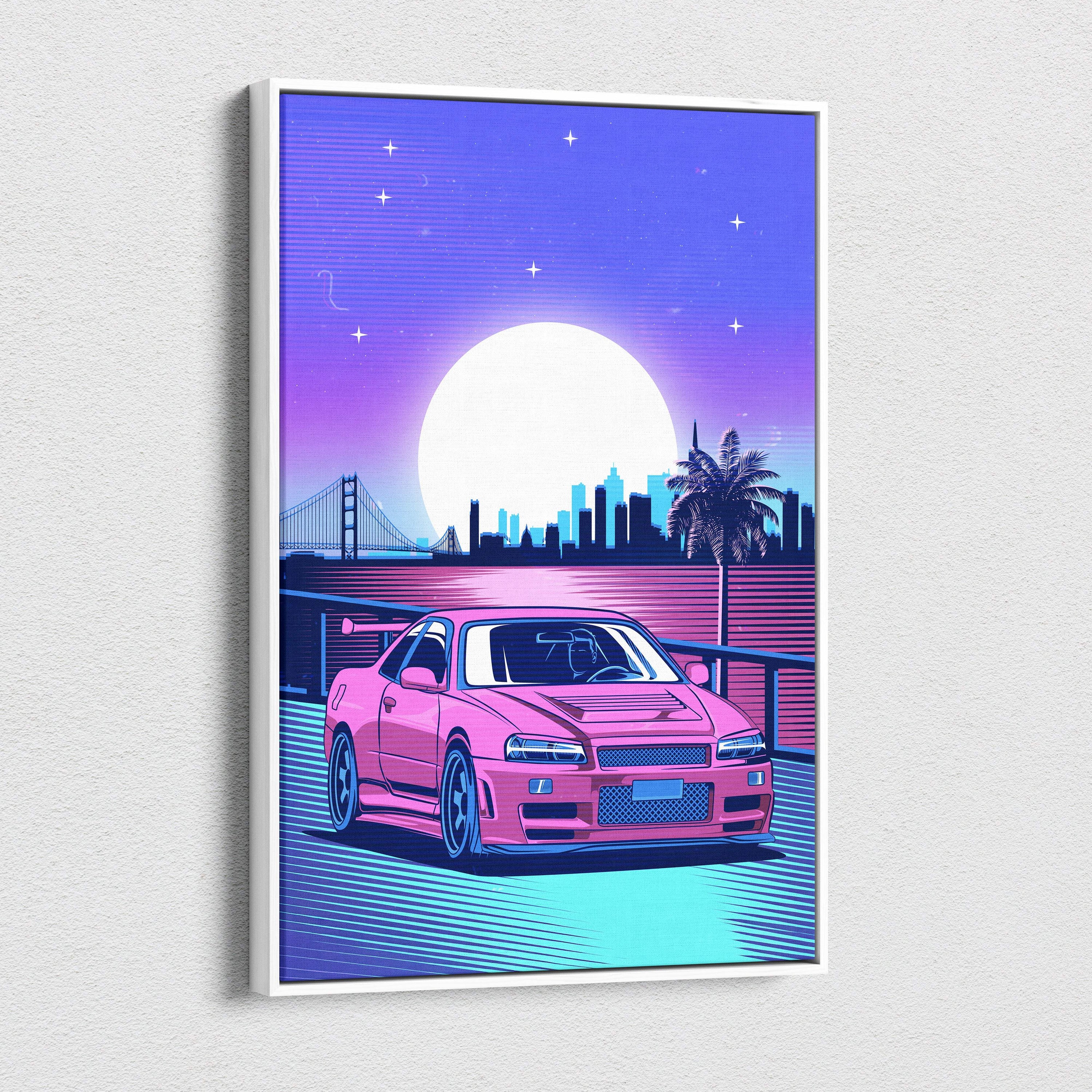 Pink nissan skyline r34 sports car neon retro canvas art print with vaporwave cityscape and palm tree wall decor