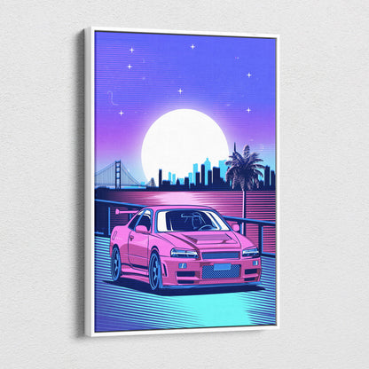 Pink nissan skyline r34 sports car neon retro canvas art print with vaporwave cityscape and palm tree wall decor
