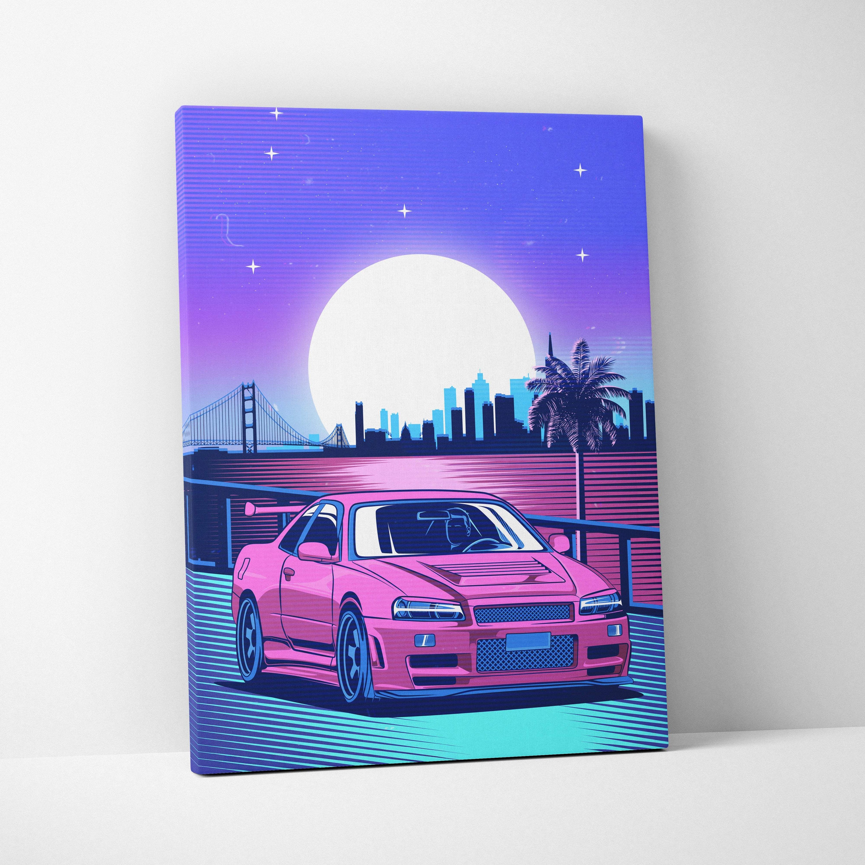 Vaporwave jdm sports car r34 skyline gtr canvas art print with vibrant pink retro skyline nightscape and palm tree