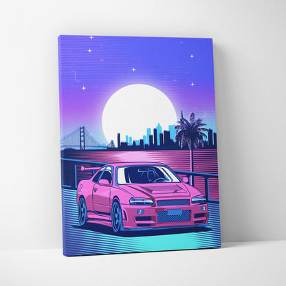 Vaporwave jdm sports car r34 skyline gtr canvas art print with vibrant pink retro skyline nightscape and palm tree