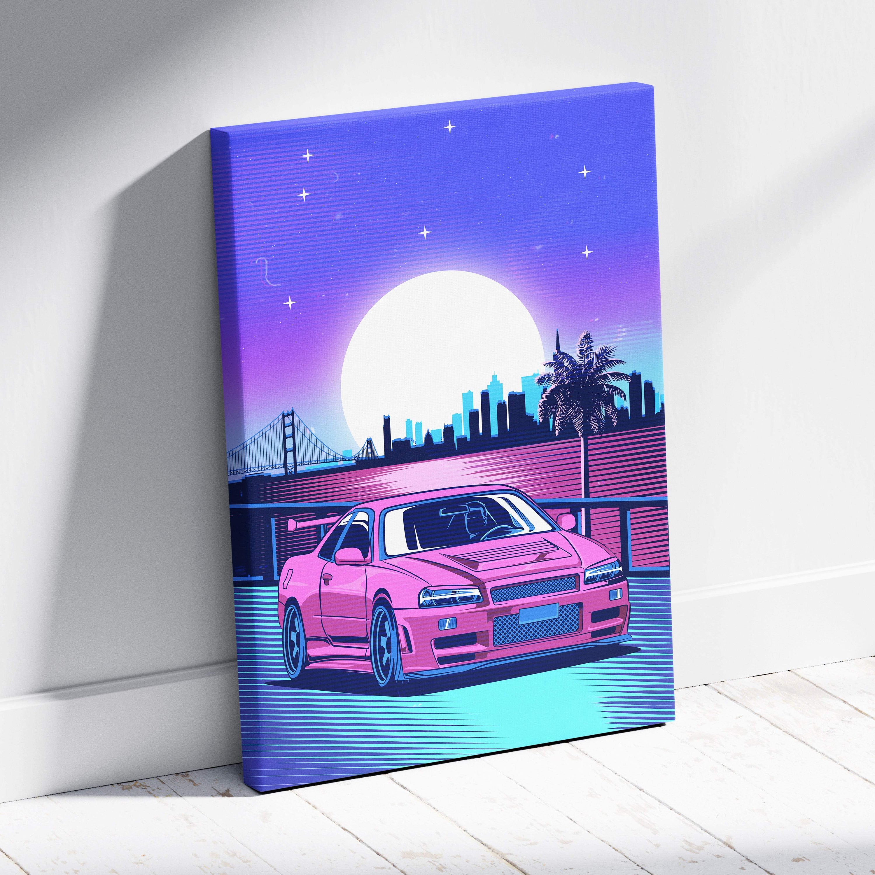 Vibrant pink nissan skyline r34 canvas art print featuring retro-futuristic vaporwave synthwave cityscape design