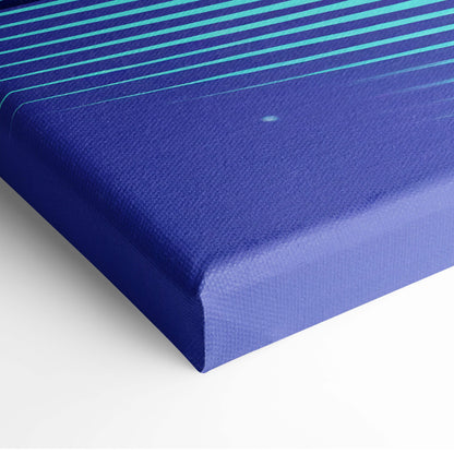 Vaporwave pink miata canvas art print with blue canvas and teal diagonal stripes featuring retro sports car design