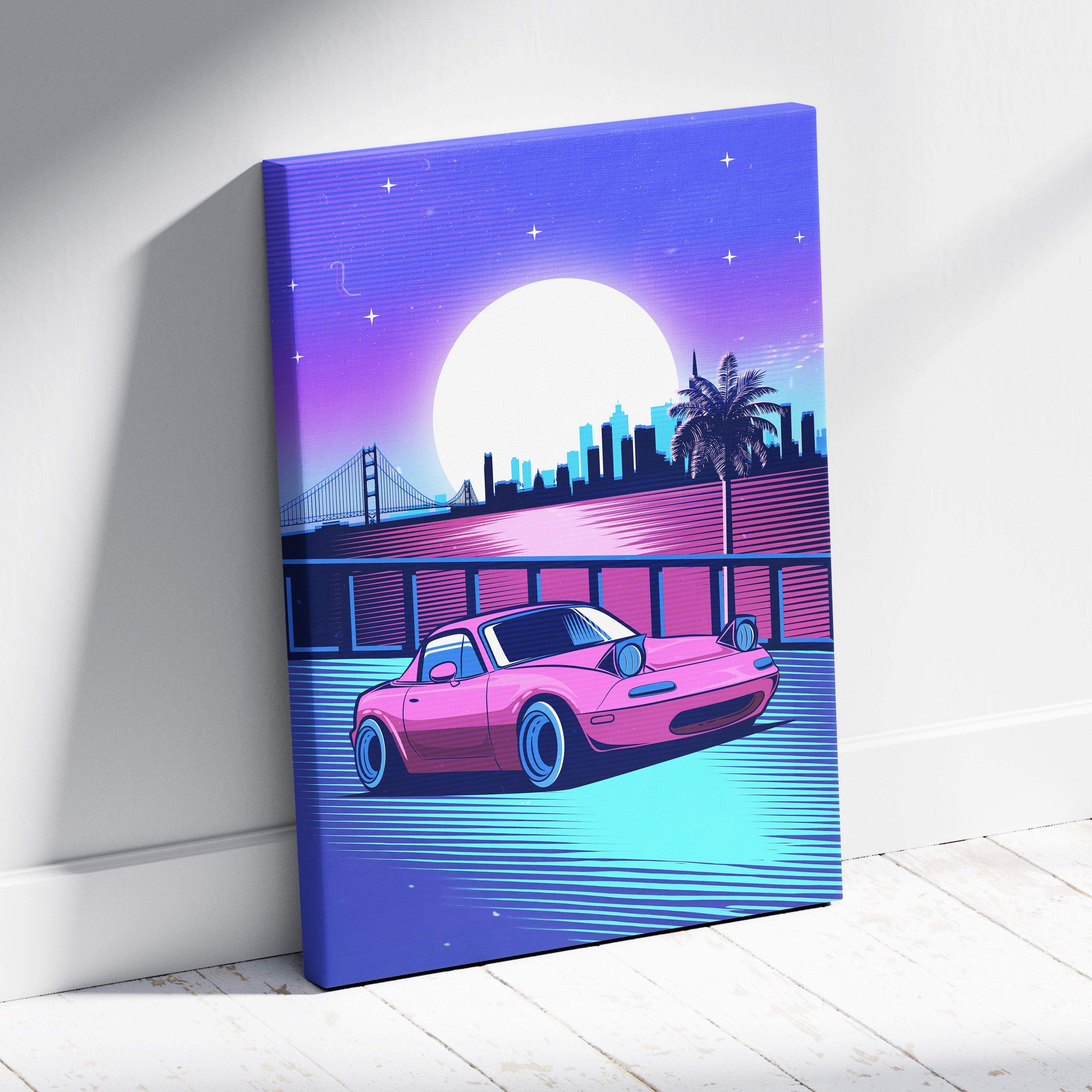 Vaporwave pink miata canvas art print featuring a vibrant pink sports car with neon purple and blue cityscape background